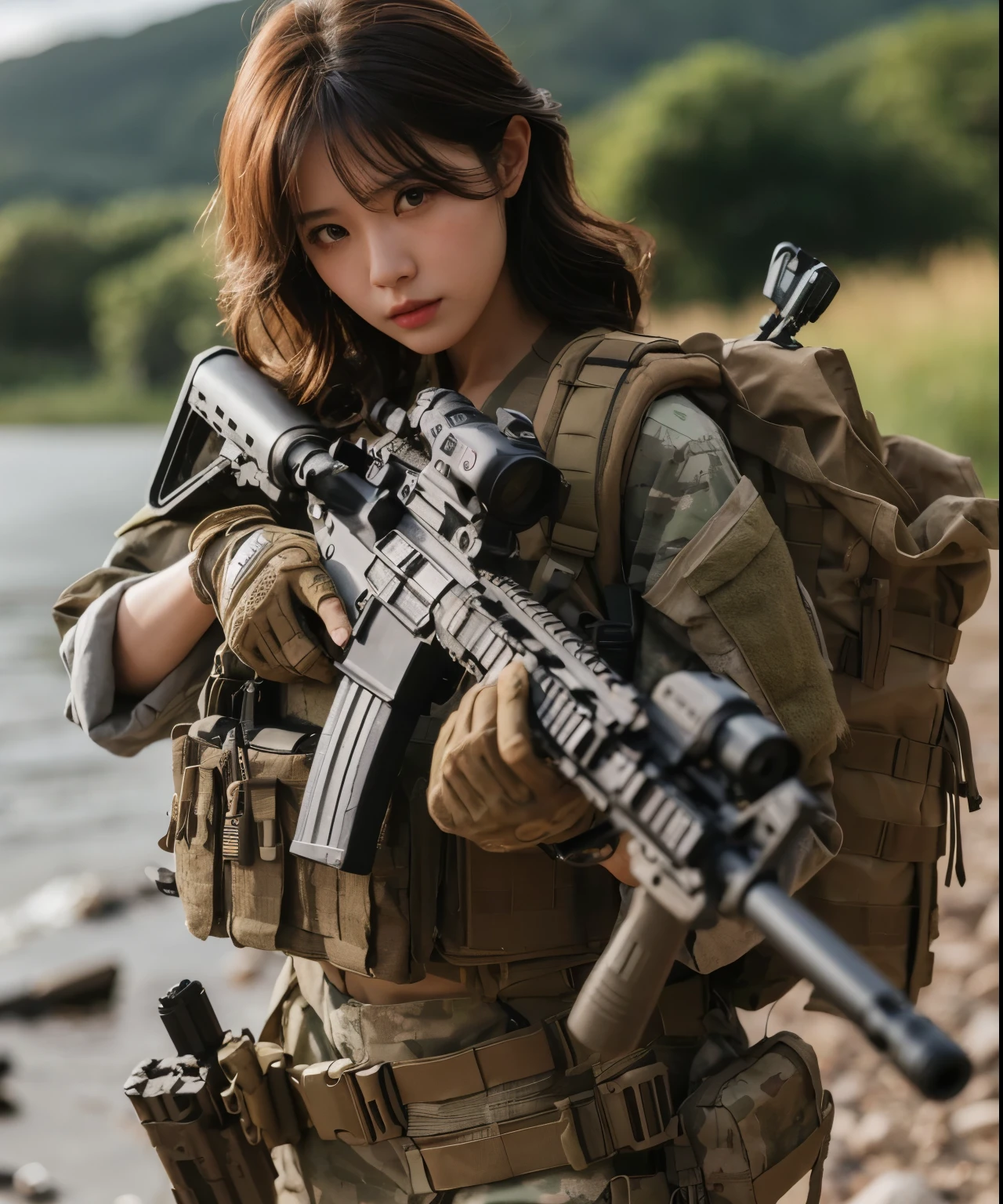 Japanese women in the US military、Holding an automatic rifle and looking nervous、bulletproof vest、Backpack、A detailed depiction of Hulk holding an automatic rifle in a post-apocalyptic setting. The focus should be on the realistic skin texture of Hulk, capturing every nuanced detail. The scene should be gritty, with debris and impurities scattered around. The colors should be vibrant, contrasting against the desolate backdrop. The lighting should be intense, casting dramatic shadows and highlights on Hulk and the surrounding environment. The image should be of the best quality, with high resolution and a photorealistic rendering.