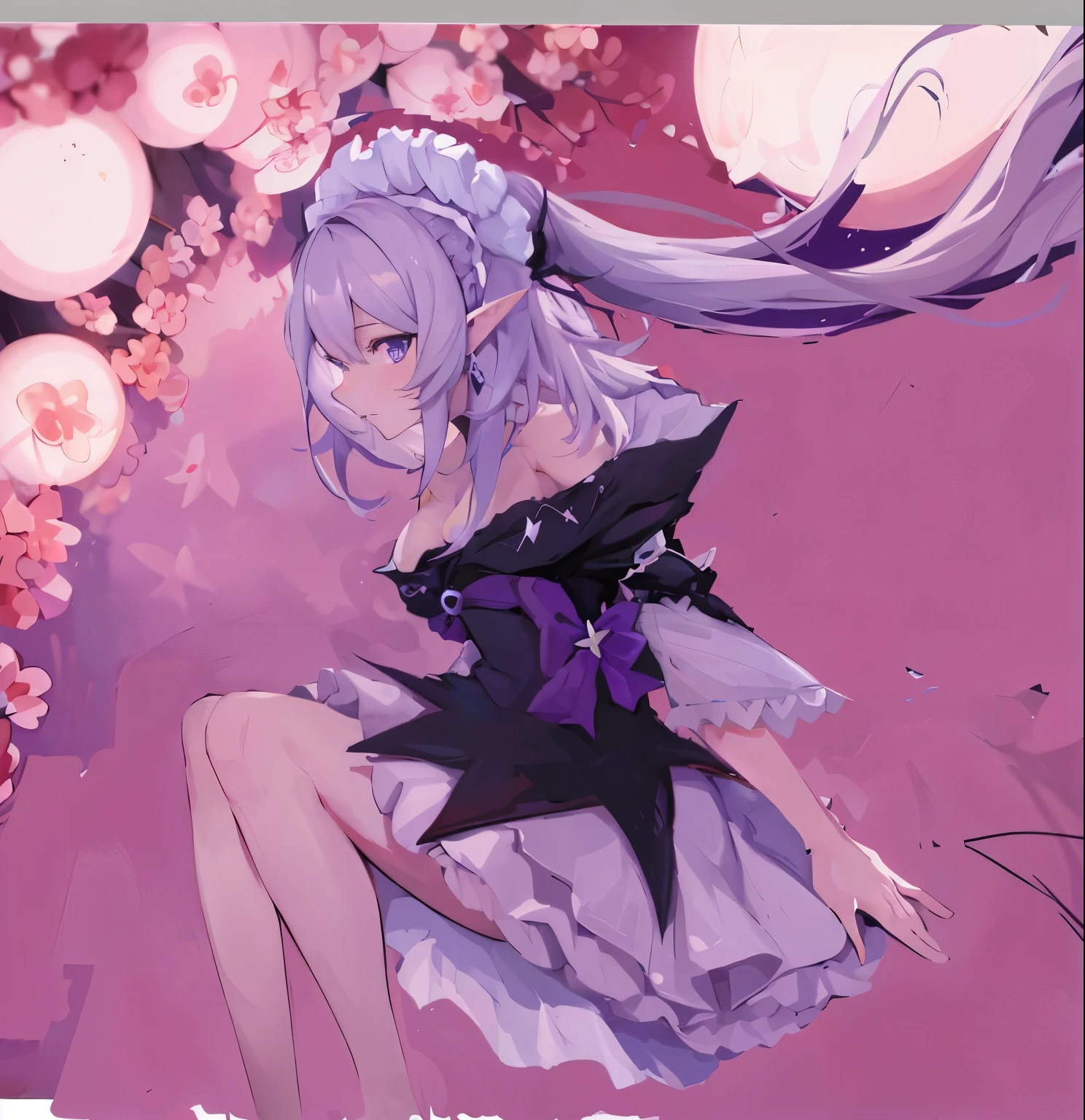 anime girl，long hair，purple dress，sitting on pink background, night nucleus, anime style 4k, Digital art on pixiv, High quality anime art style, anime art wallpaper 8k, pixiv, Anime cute art style, best anime 4k konachan wallpapers, Cute anime waifu wearing beautiful clothes,  wearing clothes, Anime Art Wallpaper 4k