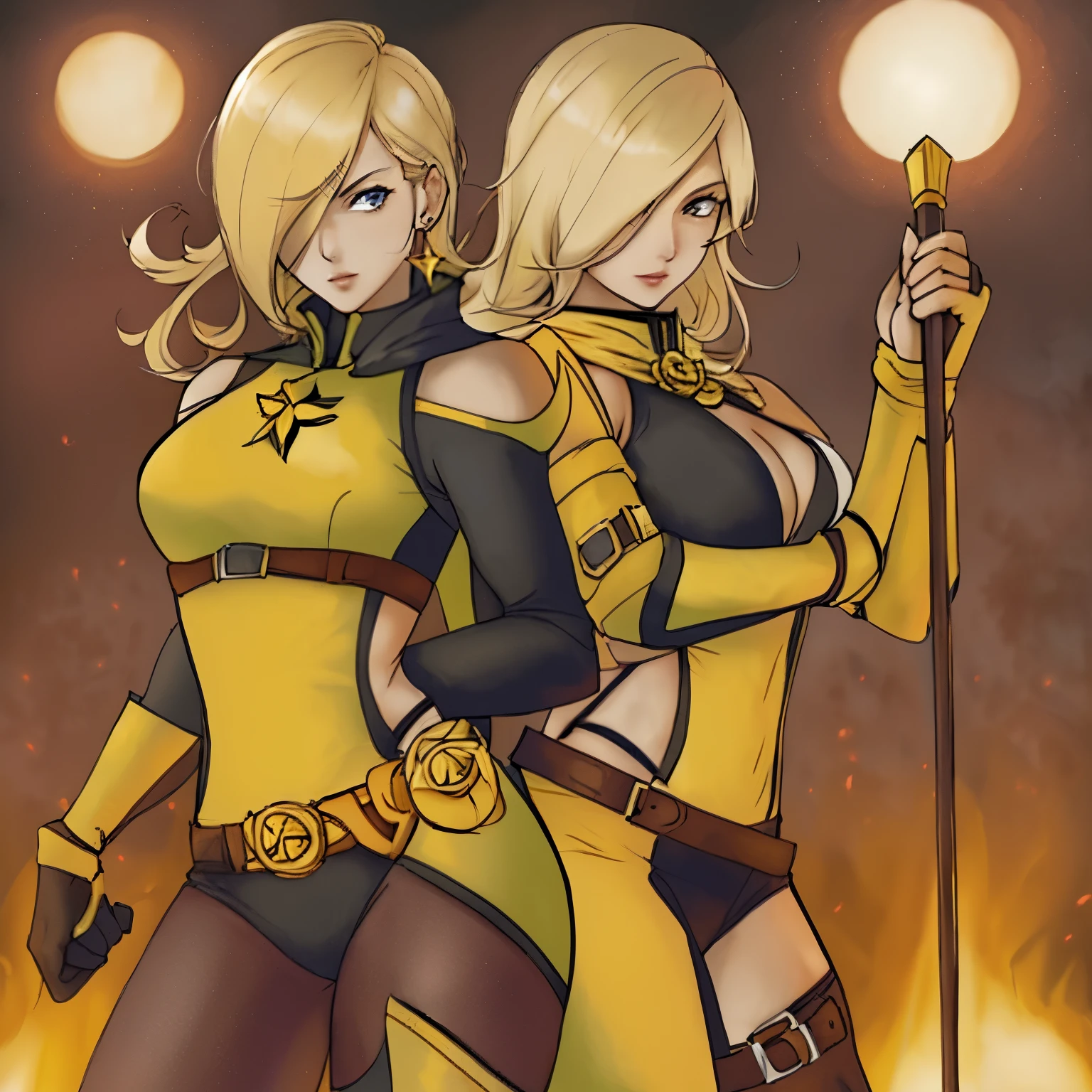 version female of Scorpion from MKII, blonde woman, Scorpion outfit, Rosalina look a like, yellow classic outfit, 