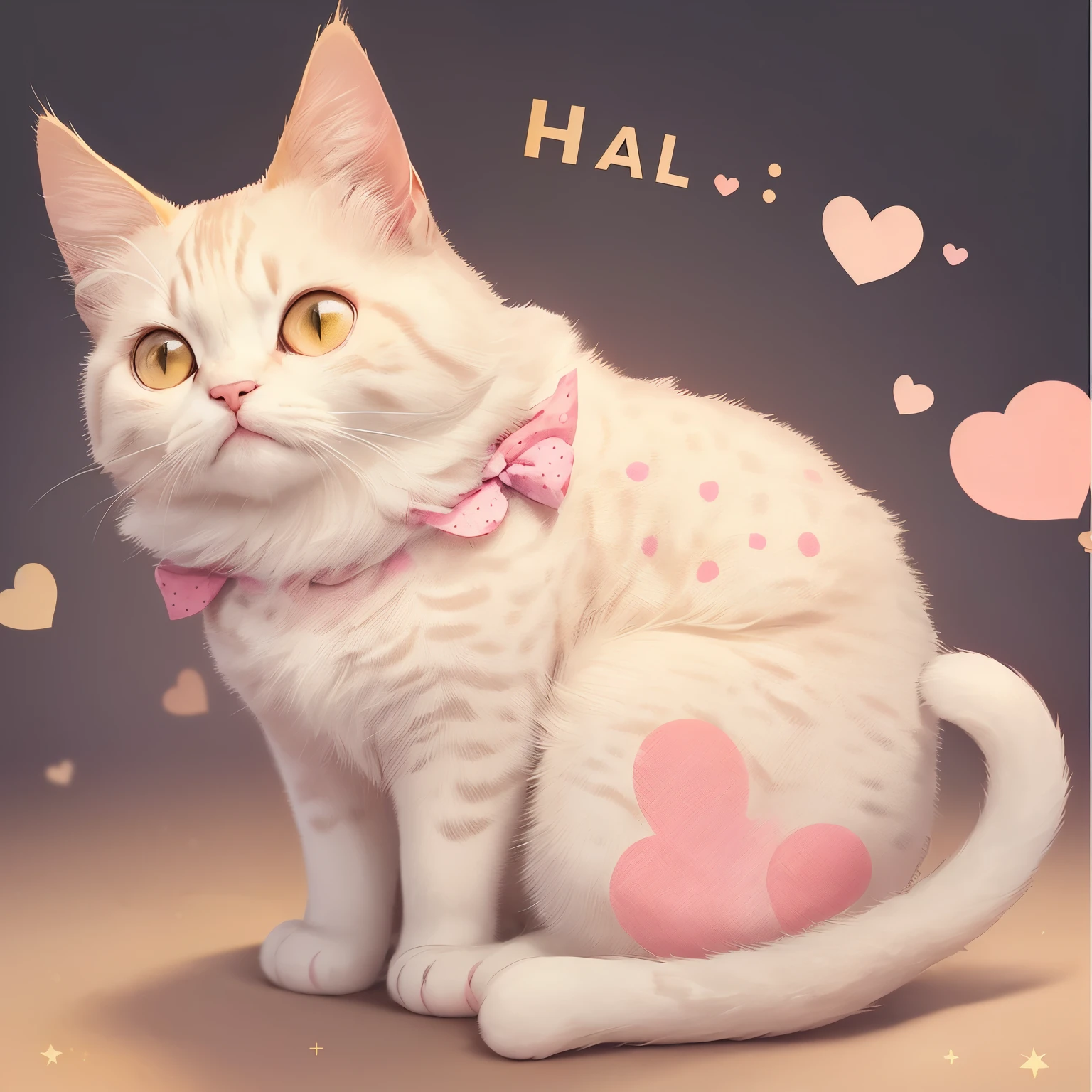 best quality, (text: “222”:1.2), cute cat, background pastel colored polka dots and heart pattern, scattered gold powder