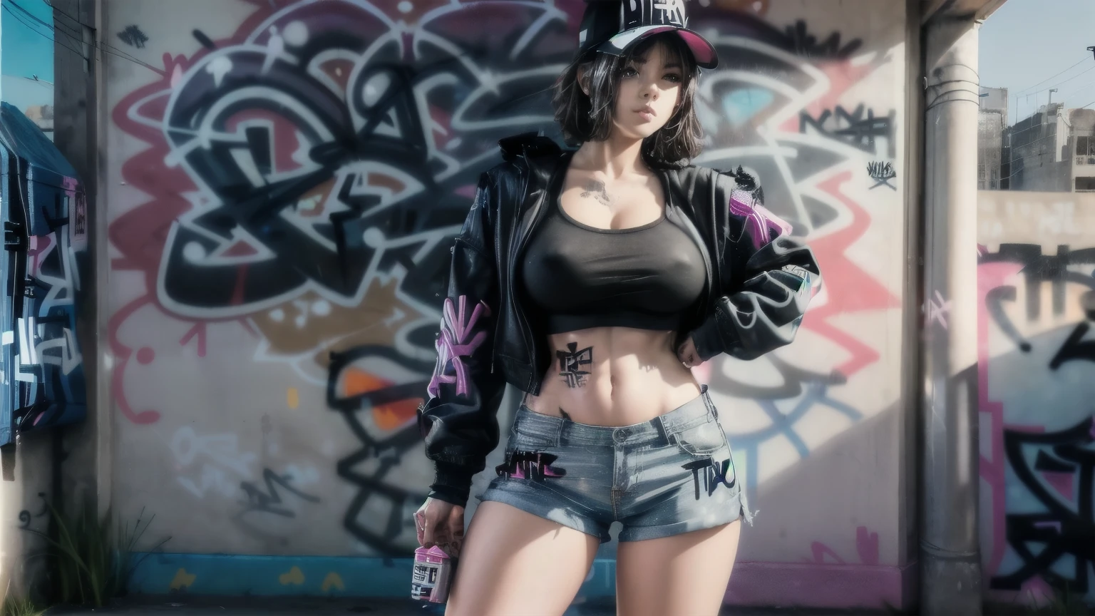 1woman with short pants fashion, background (wall with (Graffiti Comics:1.2):1.2), full body shot, big breast, big butt, huge breasts, gigantic breasts