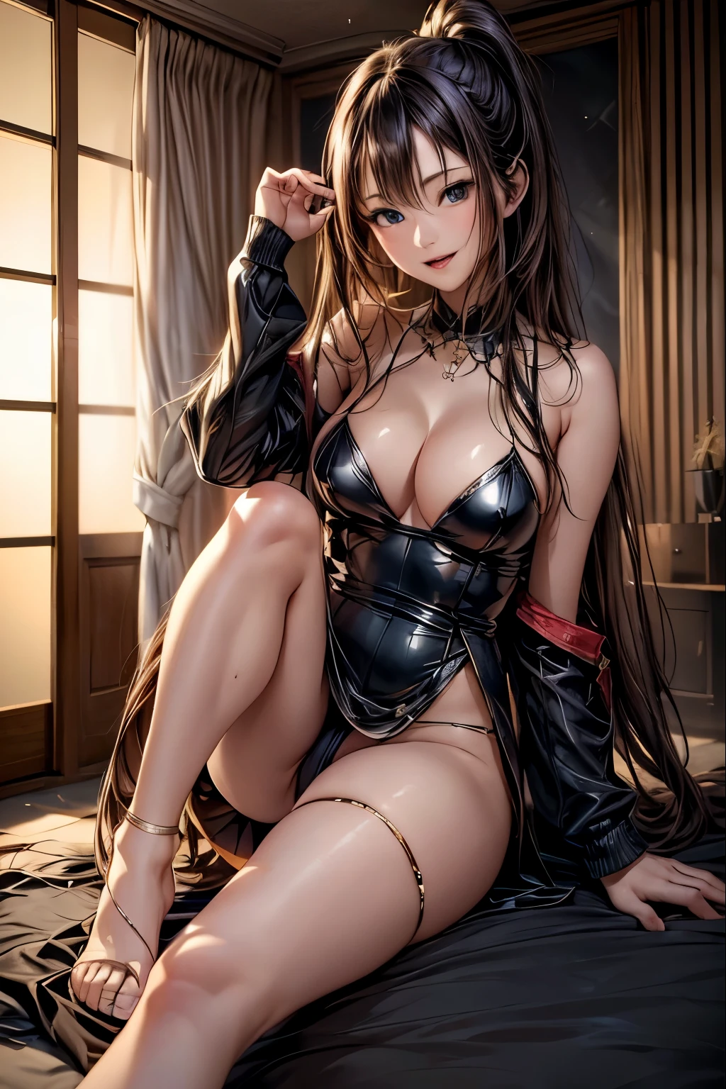 (full body shot, full body view),(Standing upright with one leg in front of the other,) ((cute and symmetrical face)),8k, masterpiece, RAW photo, best quality, photorealistic, extremely detailed CG unity 8k wallpaper,biologically correct form,(masterpiece:1.2, top-quality), (realistic, photorealistic:1.4), beautiful illustration, (natural side lighting, movie lighting), looking at viewer, (face focus), 1 girl, japanese, 18 years old, perfect face, perfect body, shiny skin, (long sideburns, light black hair), hair between eyes, emerald green eyeiddle breasts), beautiful hair, beautiful face, beautiful lips, beautiful eyes, beautiful detailed eyes, beautiful clavicle, beautiful body, beautiful chest, beautiful thigh, ((beautiful legs)), beautiful fingers, beautiful toes, , blush, ( high heels and anklets), black rubber suit, (flare skirt,ruffle skirt),((biologically correct form,correct appearance as a human being)), (lovely smile, slightly open mouth),hide your hands behind your back,droopy eyes