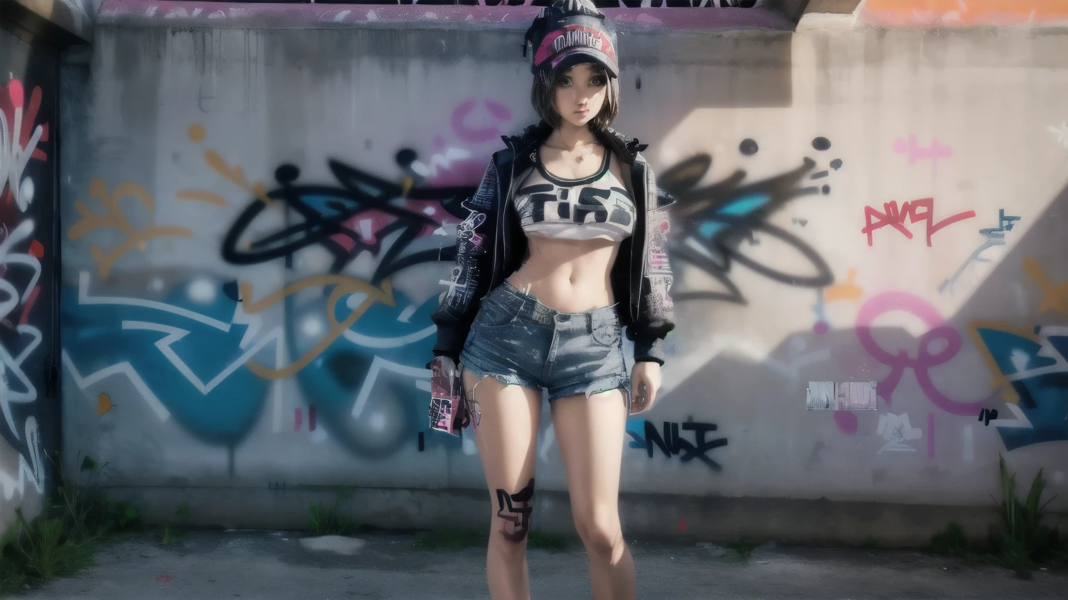 1woman with short pants fashion, background (wall with (Graffiti Comics:1.2):1.2), full body shot, big breast, big butt, huge breasts, gigantic breasts