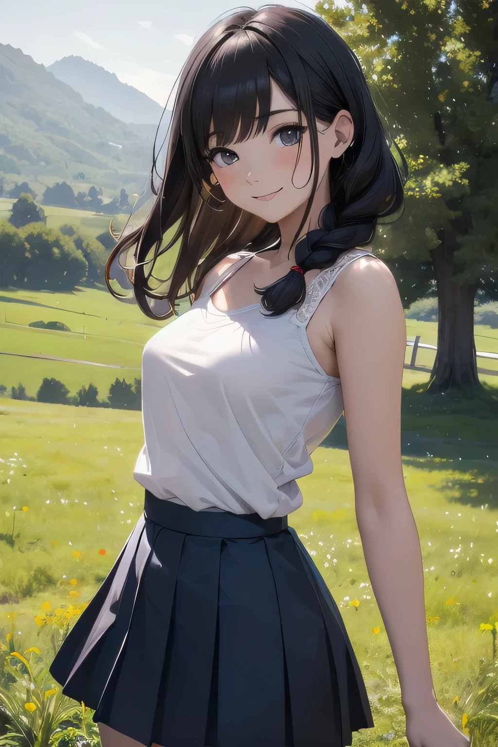 Very cute and beautiful girl,(very detailed beautiful face and eyes:1.2),(Happy),(White camisole),(Cowboy Shot),
zettai ryouiki,Beautiful legs,(Blue pleated mini skirt),Sitting,Spread legs,Dynamic Angle,Black hair,twin braids,
countryside,grassy fields,On the hill,Small multicolored flowers,
(Best Quality,masutepiece:1.2),Intricate details,hight resolution,(1 girl,Solo:1.2),
Natural lighting,Hair fluttering in the wind,Beautiful detailed sky,Looking at Viewer,