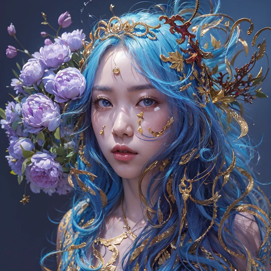 黄 blue colors，enamel，agate，A flesh-colored world，Blood Blue Maiden 32k（masterpiece，HD，Aoyama Pond，Ultra high quality，32k）long flowing bright blue hair，blood pool，Ziddink， a color，Grumpy （After greeting）， （Linen scarf）， fighting stance， looking at the ground， long white hair， Floating bright blue， Fire cloud gold headdress， Chinese long-sleeved gold silk burgundy garment， （Abstract metaverse splash：1.2）， White background，Peony flower vitality protector（realistically：1.4），bright purple hair，Smoke on the road，The background is very pure， high resolution， detail， RAW photos， Sharp Re， Nikon D850 film photo by Jefferies Lee 4 Kodak Portra 400 camera F1.6 guns, colorful, Ultra-realistic and vivid textures, dramatic lighting, Unreal Engine Art Station Trend, Sinest 800，一个有着long flowing bright blue hair的女孩，huge colorful bubbles