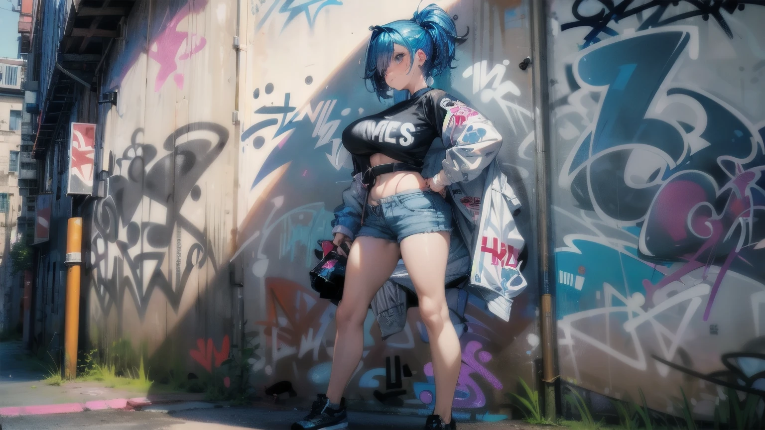 1woman with short pants fashion, background (wall with (Graffiti Comics:1.2):1.2), full body shot, big breast, big butt, huge breasts, gigantic breasts