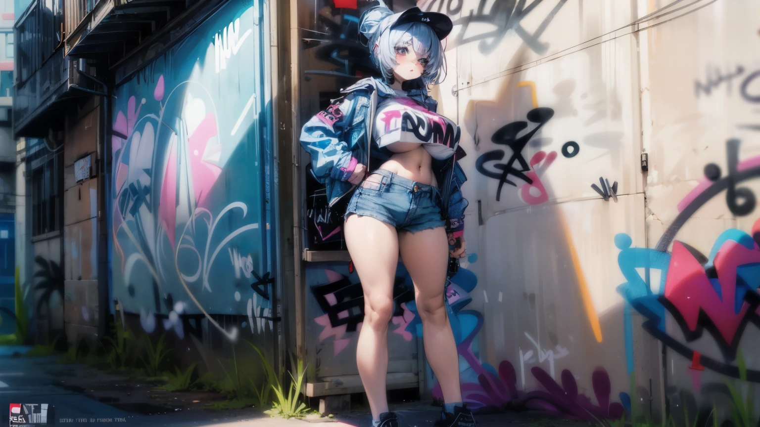 1woman with short pants fashion, background (wall with (Graffiti Comics:1.2):1.2), full body shot, big breast, big butt, huge breasts, gigantic breasts