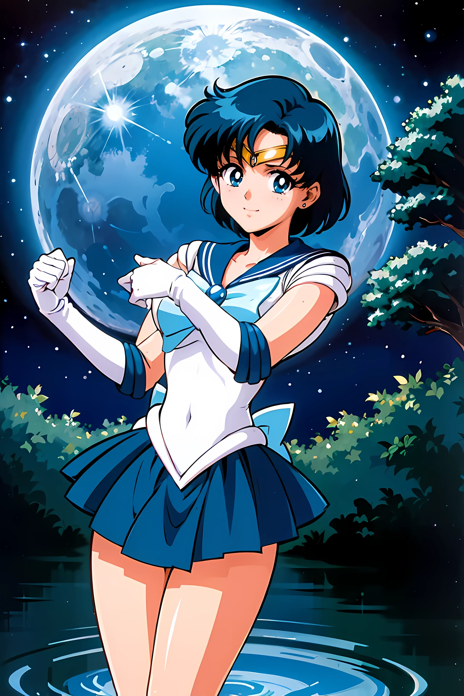 (highest quality:1.3), (masterpiece:1.4),(anatomically correct), (all limbs),(Refers to the whole),(precise fingertips), (small details),(8k),(About Photoreal:1.37),sailor moon!!!!!!!!, sailor moon Style,by sailor moon, sailor warrior uniform,(sailor mercury:1.52),aqua eye, dark green hair,white gloves,(fighting pose:1.25),((magical dark forest :1.2)),at dusk, moon, ((Recommended for scenes with strong dark shadows:1.2)), golden flower ,beautiful magical style, water reflection,intense, concept art, digital painting,