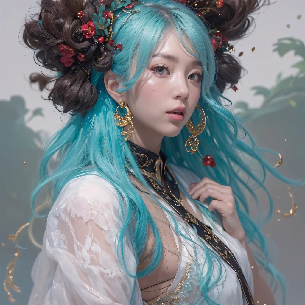 黄 blue colors,enamel,agate,A flesh-colored world,Blood Blue Maiden 32k(masterpiece,HD,Aoyama Pond,Ultra high quality,32k)long flowing bright blue hair,blood pool,Ziddink, a color,Grumpy (After greeting), (Linen scarf), fighting stance, looking at the ground, long white hair, Floating bright blue, Fire cloud gold headdress, Chinese long-sleeved gold silk burgundy garment, (Abstract metaverse splash:1.2), White background,Peony flower vitality protector(realistically:1.4),bright purple hair,Smoke on the road,The background is very pure, high resolution, detail, RAW photos, Sharp Re, Nikon D850 film photo by Jefferies Lee 4 Kodak Portra 400 camera F1.6 guns, colorful, Ultra-realistic and vivid textures, dramatic lighting, Unreal Engine Art Station Trend, Sinest 800,一个有着long flowing bright blue hair的女孩,huge colorful bubbles