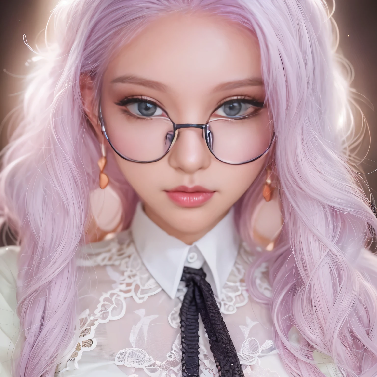 (masterpiece, best quality:1.2),long hair，Eyes are exquisite and exquisite,Exquisite white hair color，Pink lace suspender dress，glowing skin，dark skin，wear glasses ，pastel tones，（（（masterpiece）））， （（best quality））， （（intricate details））， （（Surreal））