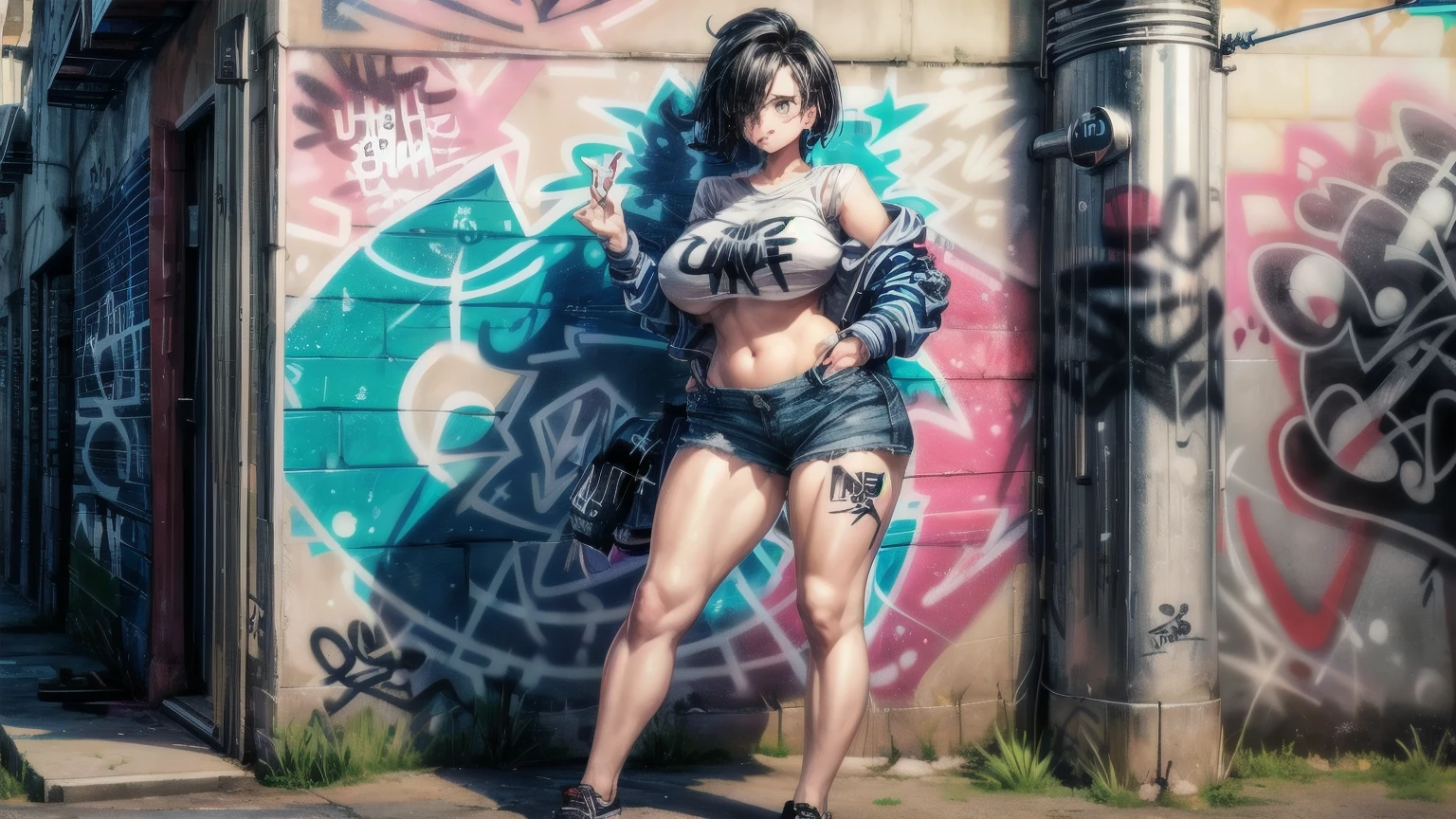 1woman with short pants fashion, background (wall with (Graffiti Comics:1.2):1.2), full body shot, big breast, big butt, huge breasts, gigantic breasts