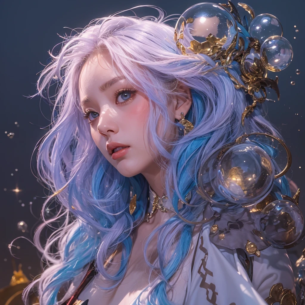 黄 blue colors，enamel，agate，A flesh-colored world，Blood Blue Maiden 32k（masterpiece，HD，Aoyama Pond，Ultra high quality，32k）long flowing bright blue hair，blood pool，Ziddink， a color，Grumpy （After greeting）， （Linen scarf）， fighting stance， looking at the ground， long white hair， Floating bright blue， Fire cloud gold headdress， Chinese long-sleeved gold silk burgundy garment， （Abstract metaverse splash：1.2）， White background，Peony flower vitality protector（realistically：1.4），bright purple hair，Smoke on the road，The background is very pure， high resolution， detail， RAW photos， Sharp Re， Nikon D850 film photo by Jefferies Lee 4 Kodak Portra 400 camera F1.6 guns, colorful, Ultra-realistic and vivid textures, dramatic lighting, Unreal Engine Art Station Trend, Sinest 800，一个有着long flowing bright blue hair的女孩，huge colorful bubbles