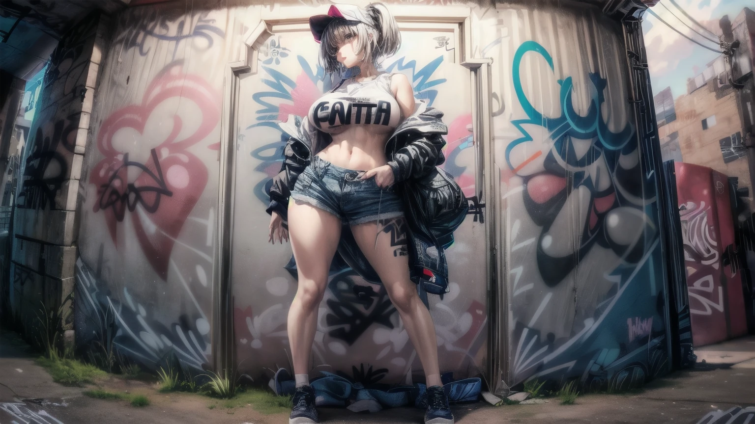 1woman with short pants fashion, background (wall with (Graffiti Comics:1.2):1.2), full body shot, big breast, big butt, huge breasts, gigantic breasts