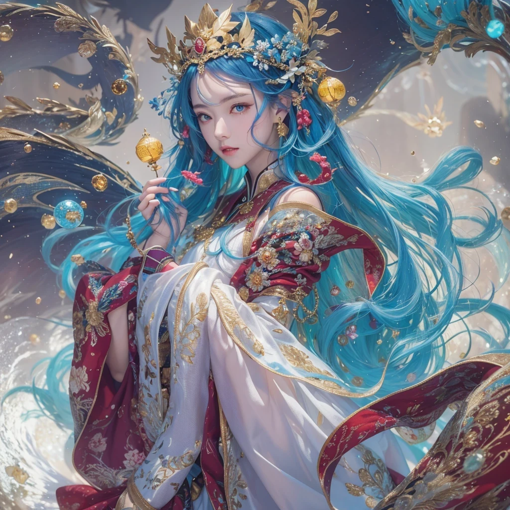 黄 blue colors,enamel,agate,A flesh-colored world,Blood Blue Maiden 32k(masterpiece,HD,Aoyama Pond,Ultra high quality,32k)long flowing bright blue hair,blood pool,Ziddink, a color,Grumpy (After greeting), (Linen scarf), fighting stance, looking at the ground, long white hair, Floating bright blue, Fire cloud gold headdress, Chinese long-sleeved gold silk burgundy garment, (Abstract metaverse splash:1.2), White background,Peony flower vitality protector(realistically:1.4),bright purple hair,Smoke on the road,The background is very pure, high resolution, detail, RAW photos, Sharp Re, Nikon D850 film photo by Jefferies Lee 4 Kodak Portra 400 camera F1.6 guns, colorful, Ultra-realistic and vivid textures, dramatic lighting, Unreal Engine Art Station Trend, Sinest 800,一个有着long flowing bright blue hair的女孩,huge colorful bubbles