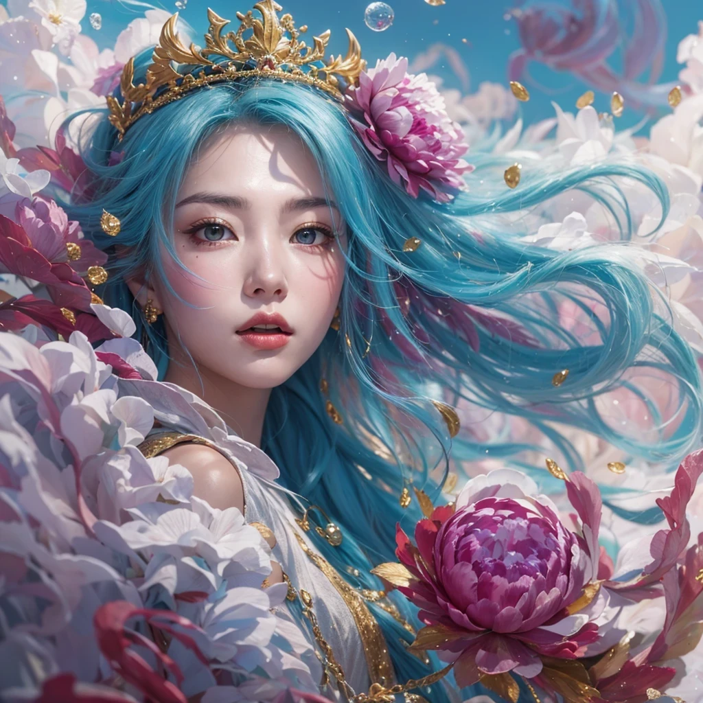 黄 blue colors，enamel，agate，A flesh-colored world，Blood Blue Maiden 32k（masterpiece，HD，Aoyama Pond，Ultra high quality，32k）long flowing bright blue hair，blood pool，Ziddink， a color，Grumpy （After greeting）， （Linen scarf）， fighting stance， looking at the ground， long white hair， Floating bright blue， Fire cloud gold headdress， Chinese long-sleeved gold silk burgundy garment， （Abstract metaverse splash：1.2）， White background，Peony flower vitality protector（realistically：1.4），bright purple hair，Smoke on the road，The background is very pure， high resolution， detail， RAW photos， Sharp Re， Nikon D850 film photo by Jefferies Lee 4 Kodak Portra 400 camera F1.6 guns, colorful, Ultra-realistic and vivid textures, dramatic lighting, Unreal Engine Art Station Trend, Sinest 800，一个有着long flowing bright blue hair的女孩，huge colorful bubbles