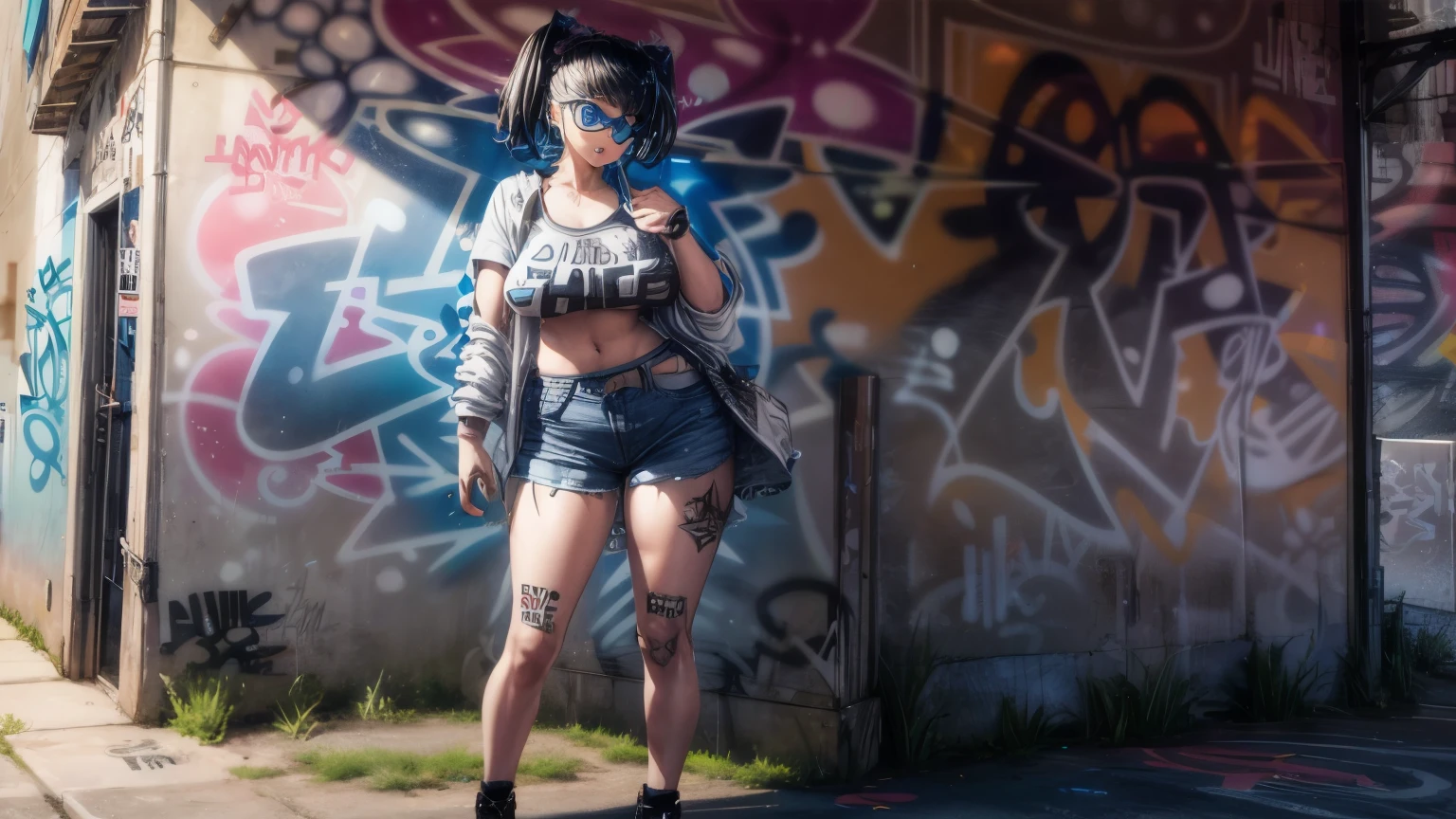 1woman with short pants fashion, background (wall with (Graffiti Comics:1.2):1.2), full body shot, big breast, big butt, huge breasts, gigantic breasts