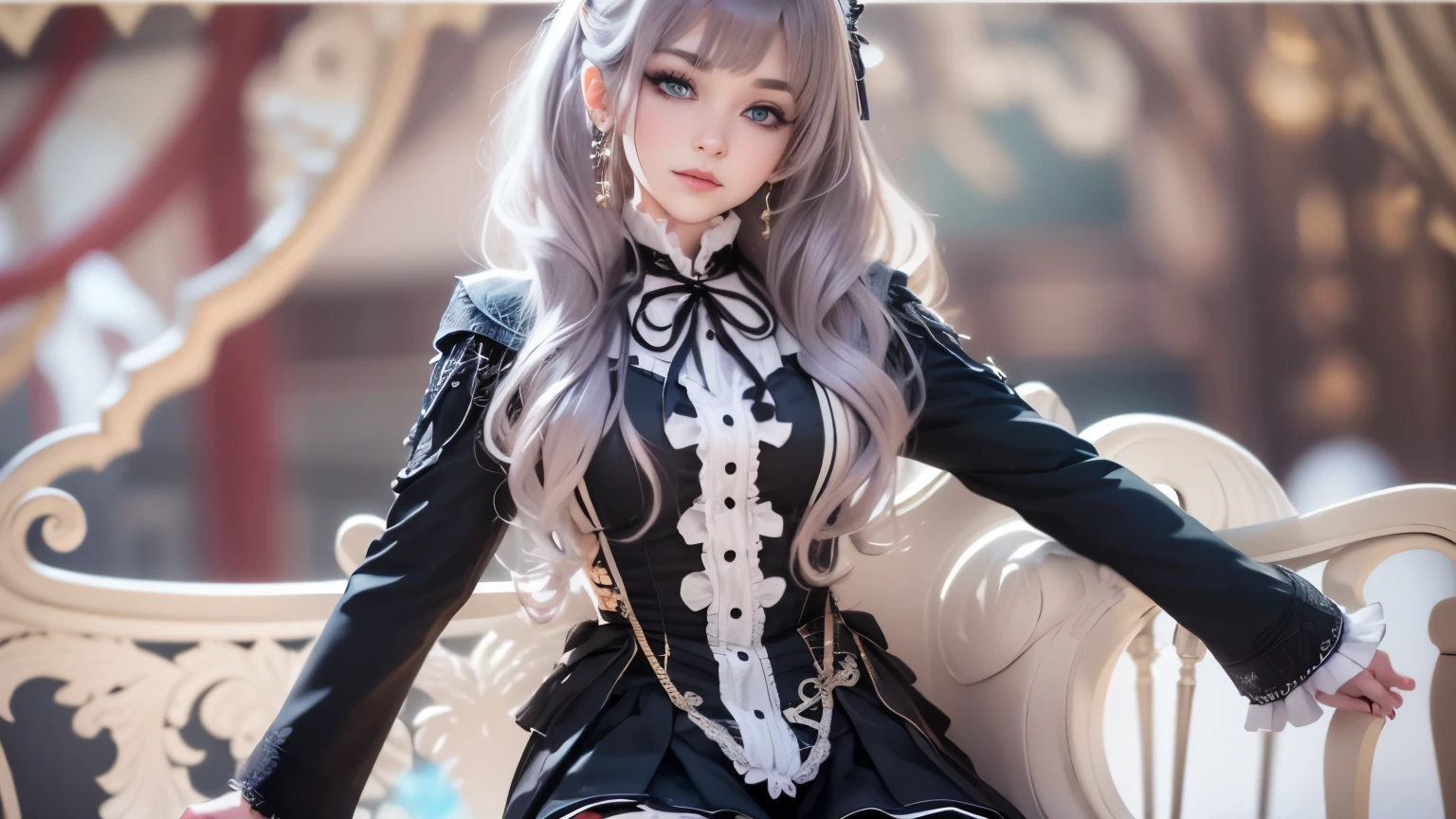 super beautiful photos，realistic，super detailed，detailed beautiful face and eyes，retina, table top, Accurate, anatomically correct,Alafe in black and white coat and black dress, ビクトリア朝のゴシックlolita fashion, loose coat collar sailor suit, lolita style, lolita fashion, ((wearing a noble&#39;s robes)), victorian style clothing, black gothic lolita dress, dark style, black rococo, gothic coat, wearing a flashy black jacket, Victorian aristocracy,ultimate beautiful girl，Beautiful blue eyes that shine，princess hair,((smooth hair，fine hair，very thin hair)),(knee length skirt:1.7),1 girl,((,thin legs,thin thighs)),slim body shape,highly detailed eyes and face、beautiful and fine eyes,cool color makeup,According to II，Lens flare，sharpen，cinematic shadow,smile、1 girl、cleavage