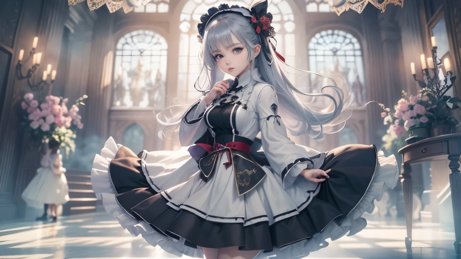 super beautiful photos,realistic,super detailed,detailed beautiful face and eyes,retina, table top, Accurate, anatomically correct,Alafe in black and white coat and black dress, ビクトリア朝のゴシックlolita fashion, loose coat collar sailor suit, lolita style, lolita fashion, ((wearing a noble's robes)), victorian style clothing, black gothic lolita dress, dark style, black rococo, gothic coat, wearing a flashy black jacket, Victorian aristocracy,ultimate beautiful girl,Beautiful blue eyes that shine,princess hair,((smooth hair,fine hair,very thin hair)),(knee length skirt:1.7),1 girl,((,thin legs,thin thighs)),slim body shape,highly detailed eyes and face、beautiful and fine eyes,cool color makeup,According to II,Lens flare,sharpen,cinematic shadow,smile、1 girl、cleavage