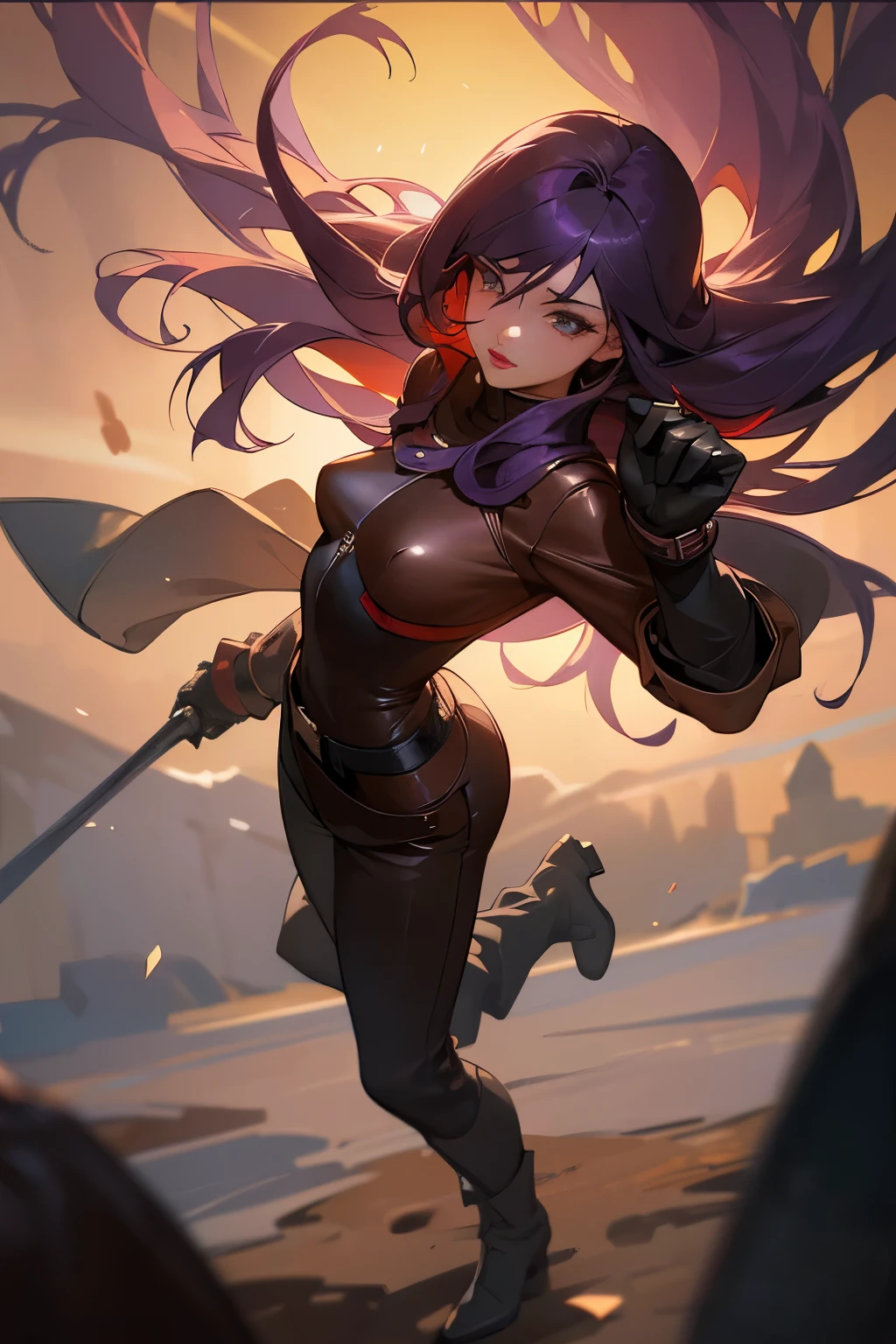 Masterpiece, best quality, high quality, very detailed CG uniform 8k wallpaper, 1girl, two characters fighting, fullbody, nose ,(Detailed eyes, very detailed anime eyes), lips, blur, award winning photography, bokeh, depth of field, HDR, bloom, chromatic aberration, realism, very detailed, artstation Intricate, High Detail, dramatic, Stockings, Hand to hand combat, Full body Picture, Zoomed out, Fantasy, No buildings, Anime, General, Aggressive,(small breasts, beautiful chest, Detailed Chest, Detailed Breasts,perky breasts),blown hair, (Super long hair, Half up do, Hair over eyes, dark purple hair), bangs, hair between eye, Combat, hand to hand combat, big leather gloves,Black leather boots, Action, Looking away, Not looking at camera, (detailed lips, beautiful lips, Bright red Lipstick), Purple mascara, Leather outfite, Long brown leather pants, Long black leather boots
