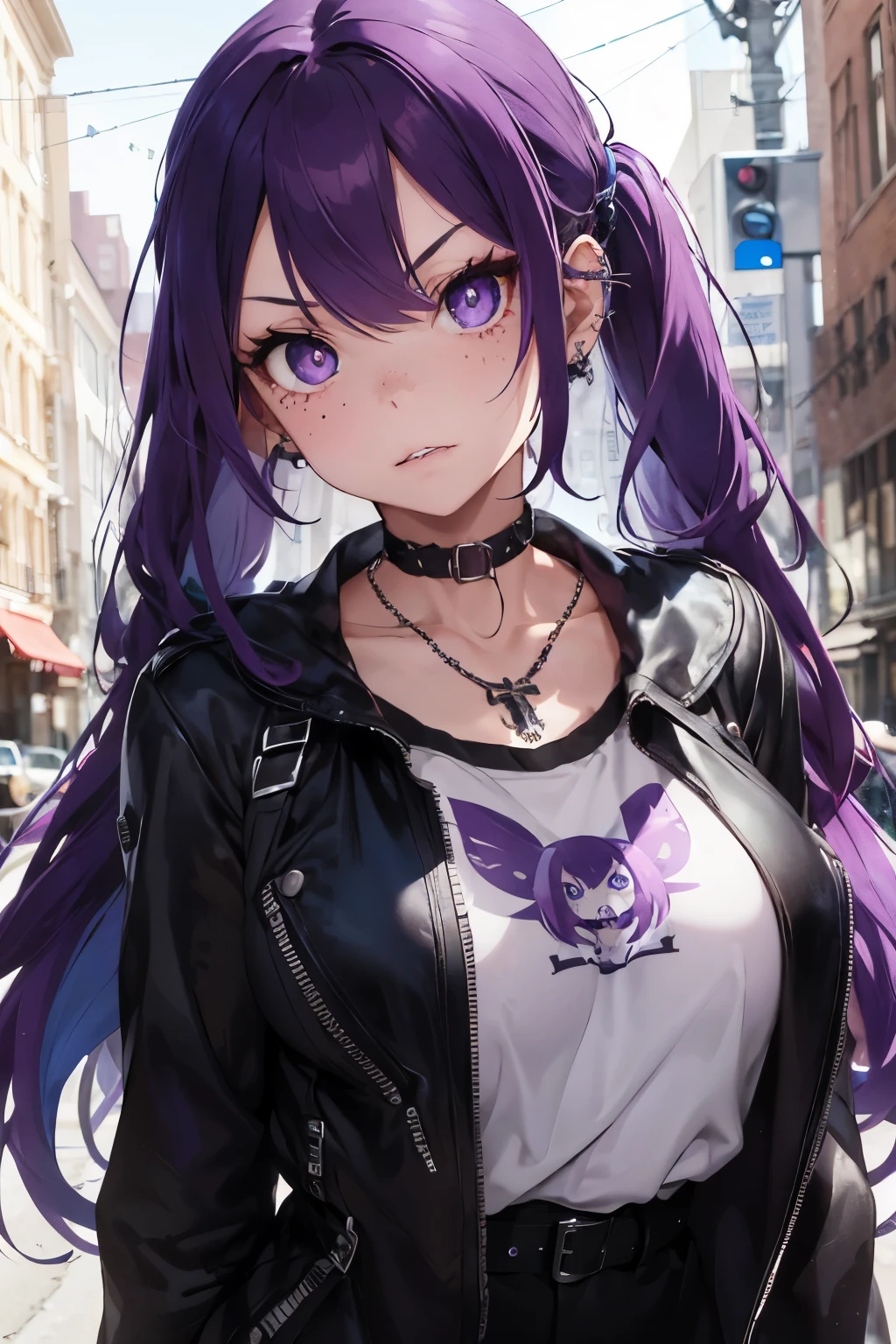 Human girl in her mid twenties with long purple hair, blue-violet eyes, big eyes with fierce determined gaze, thick eyelashes, pouty lips, blush on her cheeks, light freckles, dressed in alternative metal fashion, multiple punk piercings, leather choker and Vivienne Westwood necklace