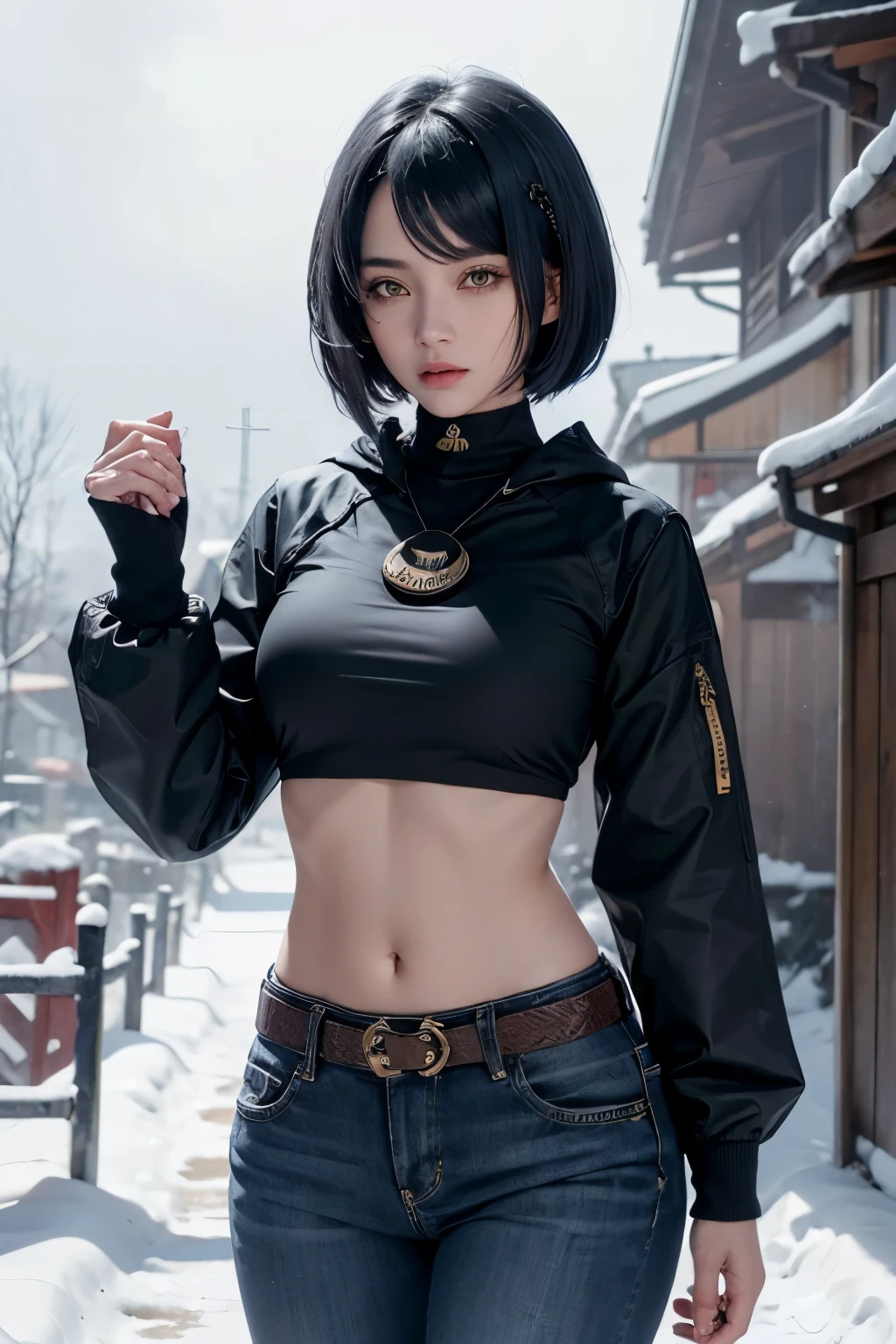 (Long sleeved puffer parka, long jeans, gold belt), ((midriff, navel)), looking at viewer, garden, snow, ((cinematic lighting, masterpiece, anatomically correct, detailed textured skin, high details, highres, HD, 4K, 8k)), (kujou sara:1.3, mask on head, blue hair, short hair, yellow eyes)