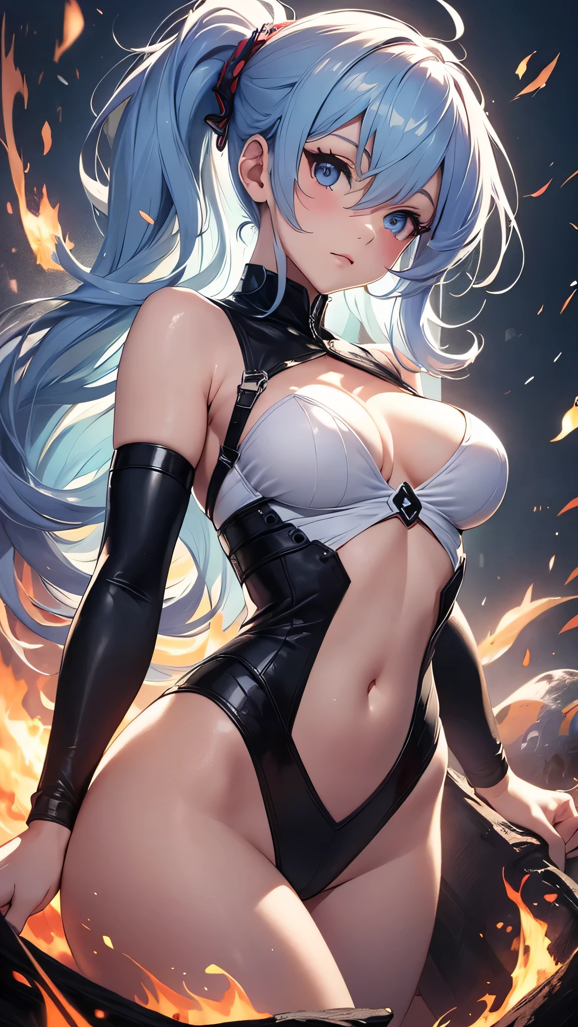 最high quality、best image quality、masterpiece、age girl((20-year-old、 By becoming、vest bust、medium bust,wide open breast tea、shining eyes, light blue hair、long hair、thin,highest valley、ponytail、monster arm、monster leg arm、fighting pose)),high quality、beautiful art、background((spark、up in flames、red lighting))、Flight、debris flies、Depth of written boundary、movie、visual art、perfect art、8k,genuine、