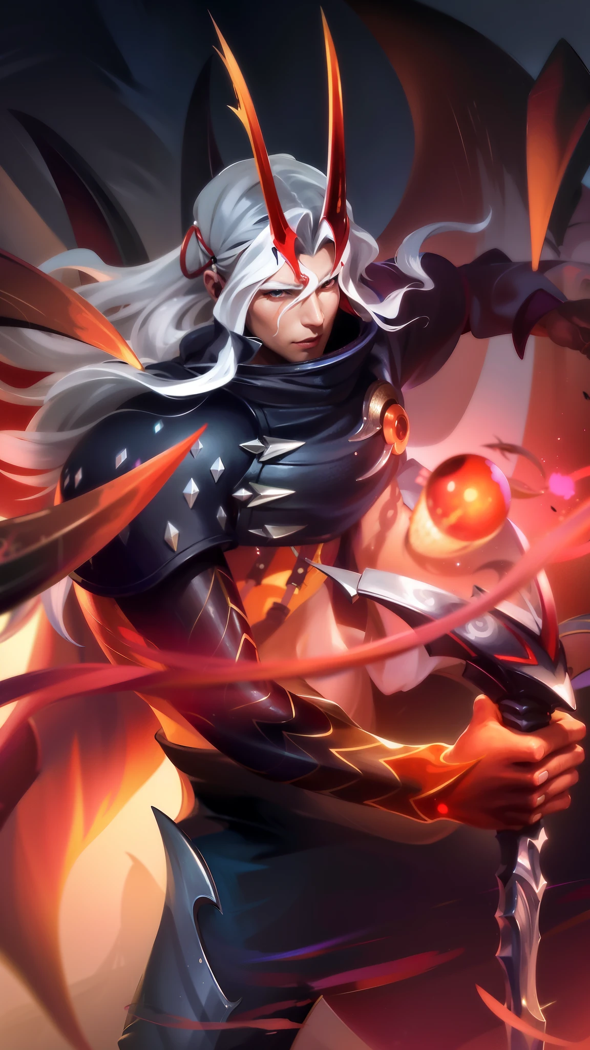 anime character with a sword and a demon like face, onmyoji detailed art, onmyoji, heise jinyao, g liulian art style, onmyoji portrait, sylas, official splash art, by Yang J, splash art, rossdraws sakimimichan, amazing portrait of viego, by Zahari Zograf.