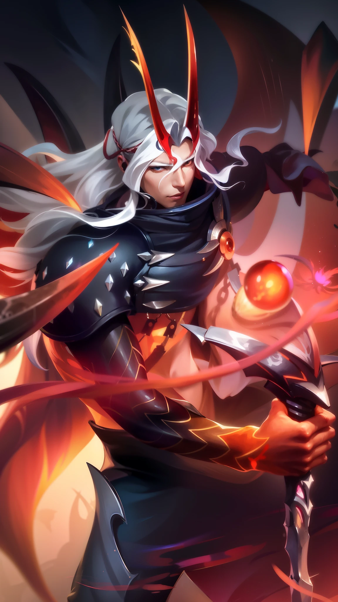 anime character with a sword and a demon like face, onmyoji detailed art, onmyoji, heise jinyao, g liulian art style, onmyoji portrait, sylas, official splash art, by Yang J, splash art, rossdraws sakimimichan, amazing portrait of viego, by Zahari Zograf.