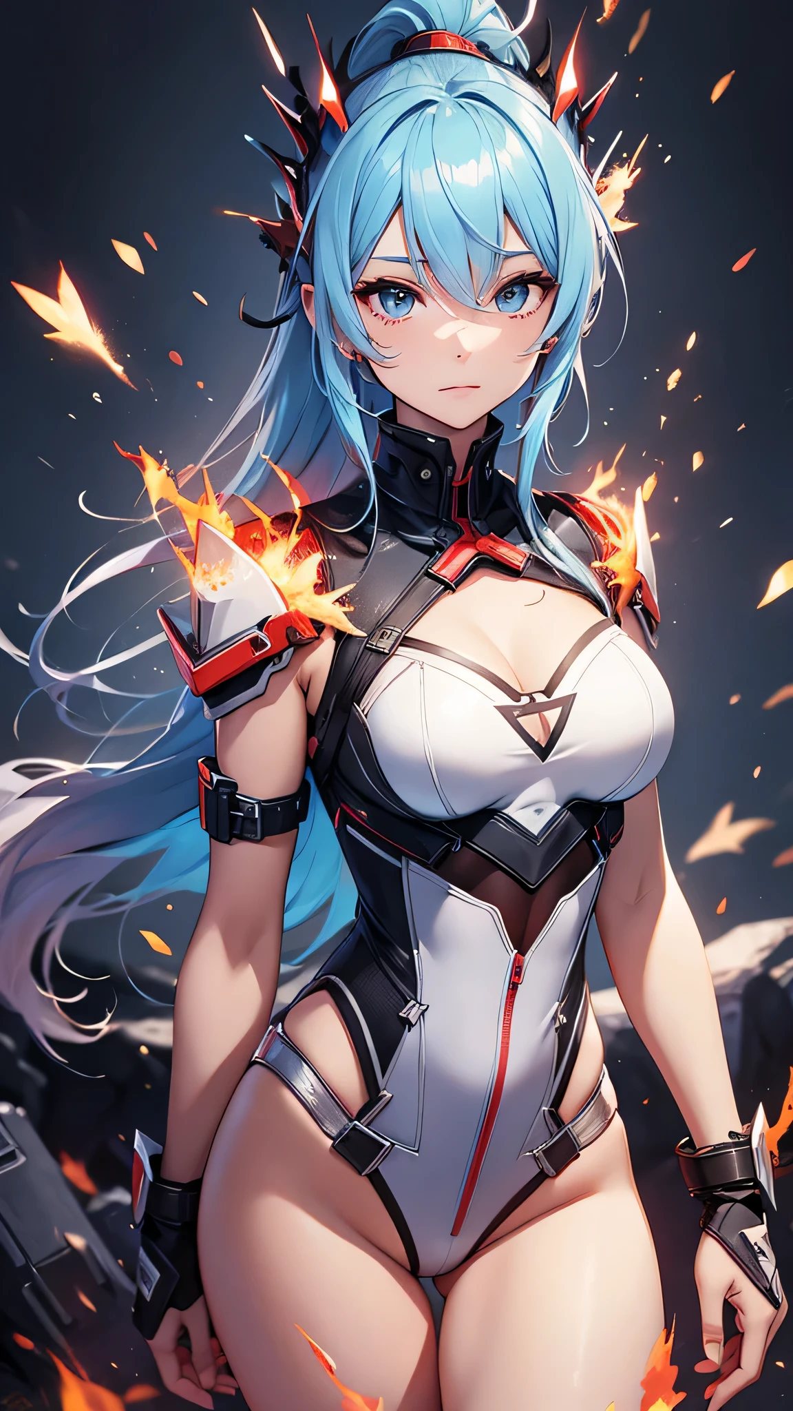最high quality、best image quality、masterpiece、age girl((20-year-old、 By becoming、vest bust、medium bust,wide open breast tea、shining eyes, light blue hair、long hair、thin,highest valley、ponytail、monster arm、monster leg arm、fighting pose)),high quality、beautiful art、background((spark、up in flames、red lighting))、Flight、debris flies、Depth of written boundary、movie、visual art、perfect art、8k,genuine、