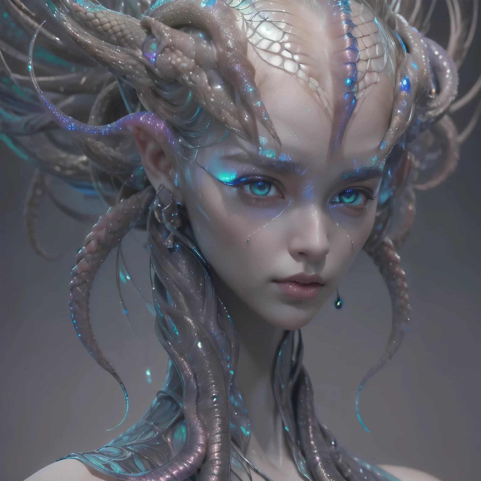 (A female Alien:1.2), extraordinary Beautiful face, (There is a female genital-like organ in the middle of her forehead:1.6), seduces, red eyes, Full body like, A sexy alien, No humans, cells are fused, (Lots of white tentacles), (pale skin:1.3), extraterrestrial, cell, bio image, charming, Best Quality, 8K,4K_quality, high_Definition,Dramatic Lighting, masutepiece:1.5,cinematic quality, detail up, (Intricate details:1.2), high resolution, High Definition, drawing faithfully, (Thick eyebrows:1.2), (beautiful iridescent eyes:1.6), Beautiful eyes with fine symmetry, (Highly detailed face and eyes:1.2), (High-resolution iridescent eyes:1.4), (Super detailed skin quality feeling:1.4), Perfect Anatomy, (Beautiful toned body:1.5), (moist skin:1.2), No makeup, (dark circles:1.1), long canines, She has numerous bright colorful tentacles like thin white snakes from her head. She has long black claws, nude, NSFW
