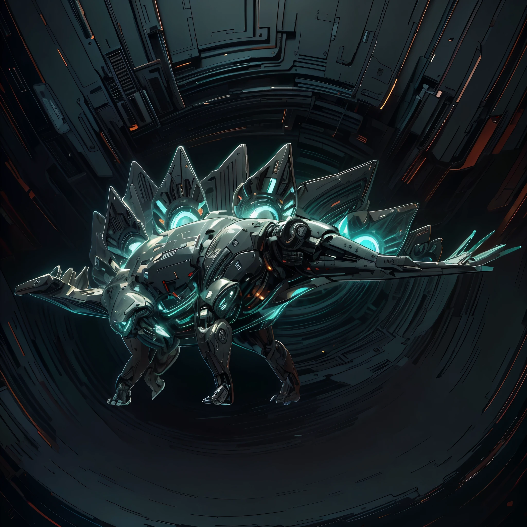 (futuristic:1.5,cyberpunk),(Black canvas background:1.4,blurred background:1.4), Mechanical stegosaur, (Mechanical body:1.2, mechanical limbs:1.2, gear joints, Glowing eyes, realistic scifi cyberpunk armo),Ray Tracing, Reasonable structure,backlight, close up, Mechanical elements,cybernetic, complex,Selective focus, high res