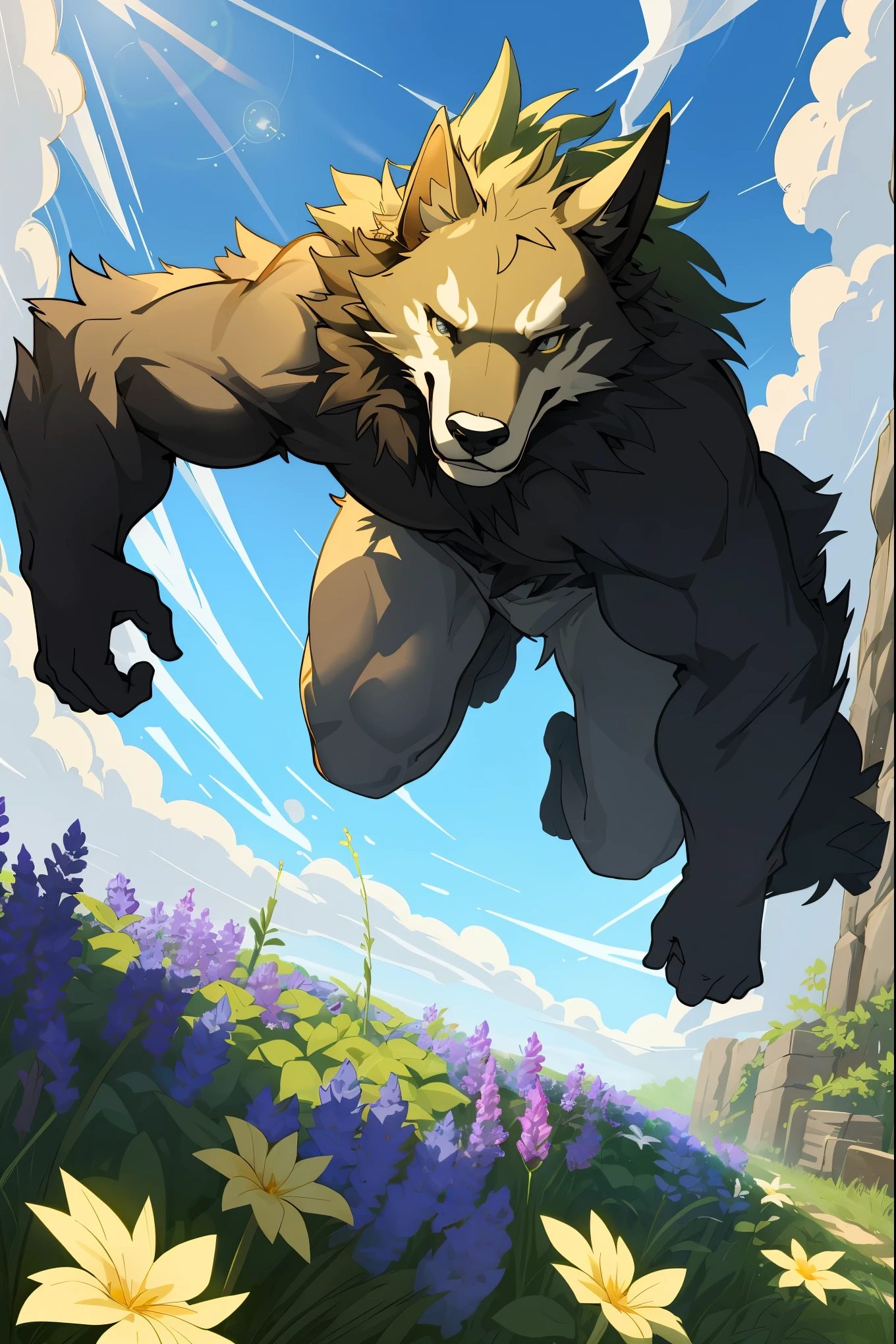 top quality, soft color, Vintage images, highres, paid reward available, High-quality illustrations, unparalleled masterpiece(movie of life)farm, Blue sky and clouds, florals Beautiful garden(furry anthro)absurdres, perfect anatomy, caustics, dynamic lighting, lens flare, deep shadow, dynamic angle,