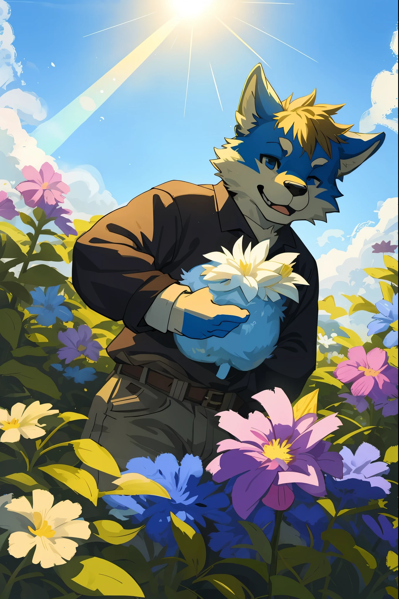 top quality, soft color, Vintage images, highres, paid reward available, High-quality illustrations, unparalleled masterpiece(movie of life)farm, Blue sky and clouds, florals Beautiful garden(furry anthro)absurdres, perfect anatomy, caustics, dynamic lighting, lens flare, deep shadow, dynamic angle,