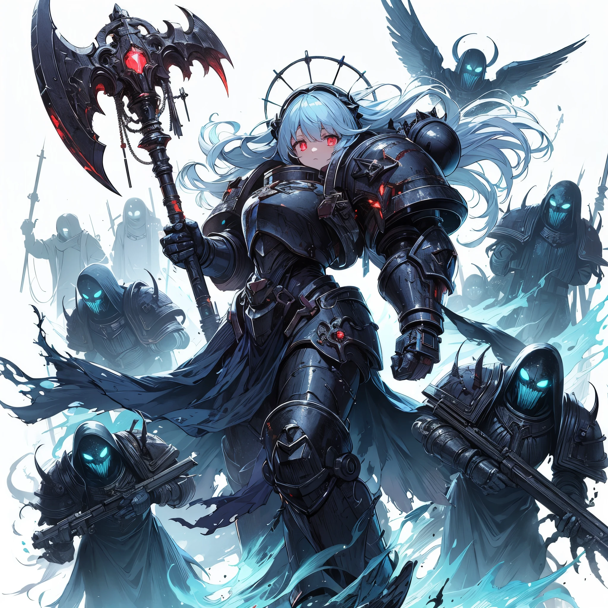 Masterpiece, best quality, ultra-detailed, anime style, solo, full body of Space Marine Girl, blackened burnished power armor, raise up blue discharge luminescent huge axe, surrounded by vengeful Ghostly dead servants, Glowing psychic aura, standing on battle ground, 8k high resolution, trending art station, white background, whole body, drifting blue devil fire, flowing robes, blue wispy, glowing red eyes, darkness,