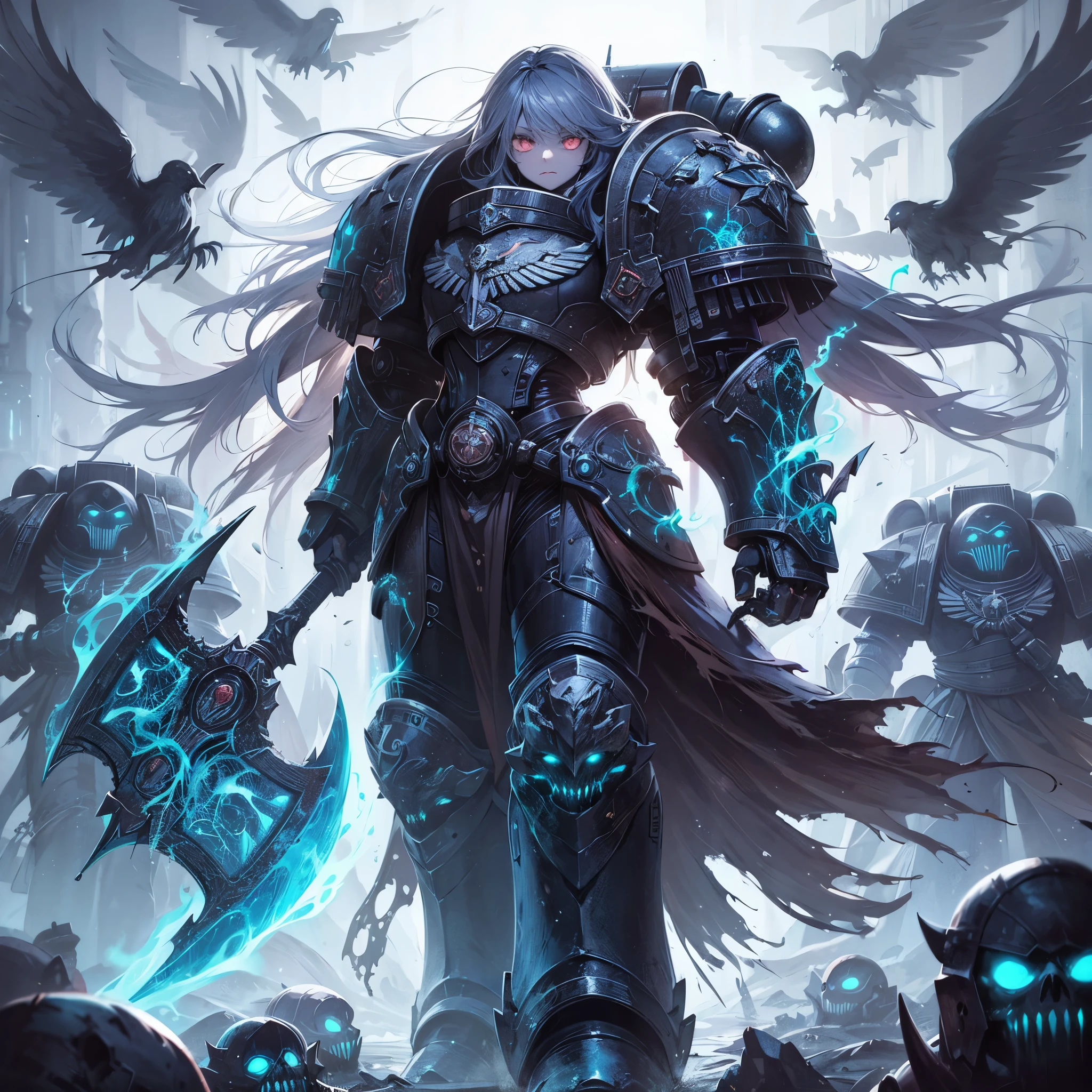 Masterpiece, best quality, ultra-detailed, anime style, solo, full body of Space Marine Girl, blackened burnished power armor, raise up blue discharge luminescent huge axe, surrounded by vengeful Ghostly dead servants, Glowing psychic aura, standing on battle ground, 8k high resolution, trending art station, white background, whole body, drifting blue devil fire, flowing robes, blue wispy, glowing red eyes, darkness,