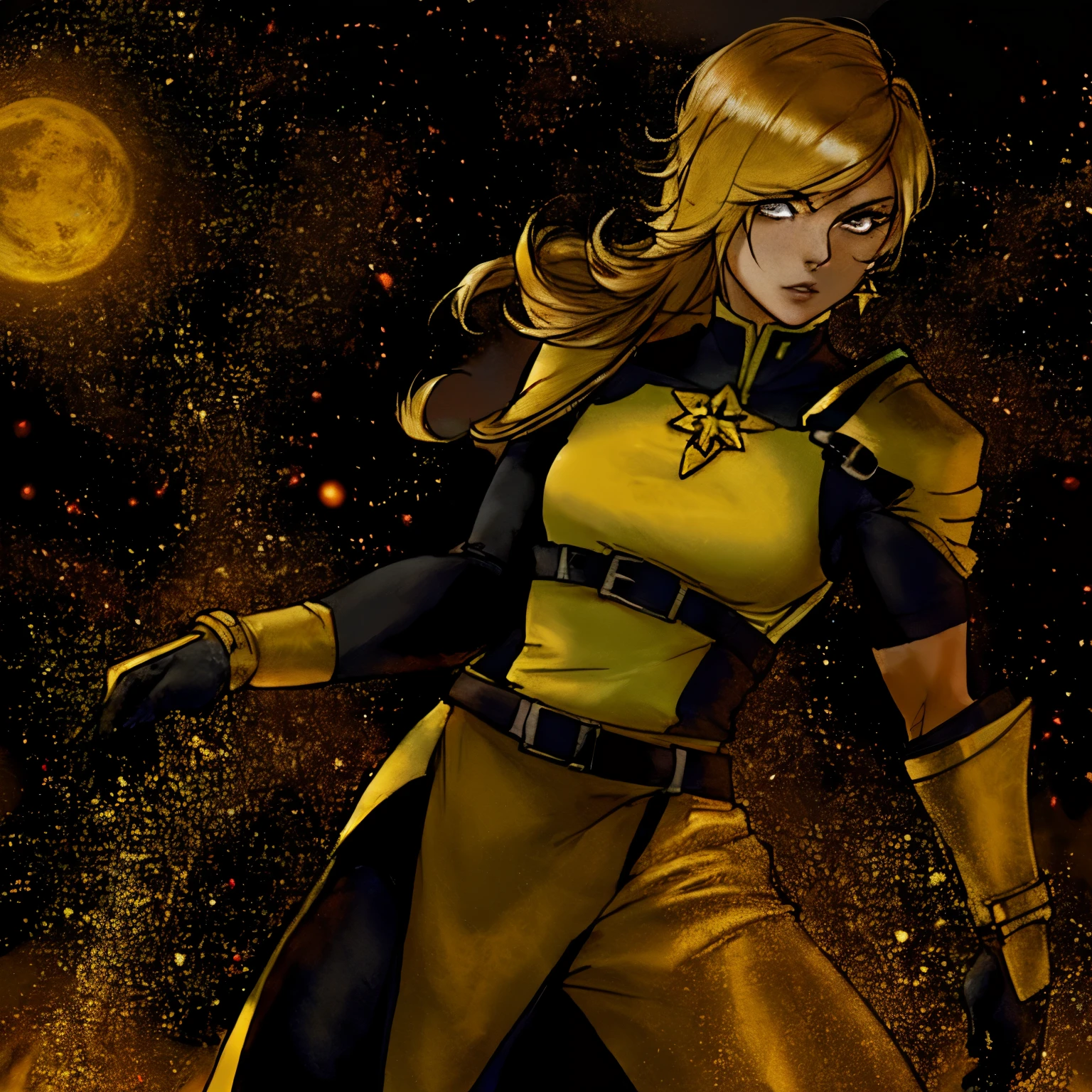 version female of Scorpion from MKII, blonde woman, Scorpion outfit, Rosalina look a like, yellow classic outfit, 