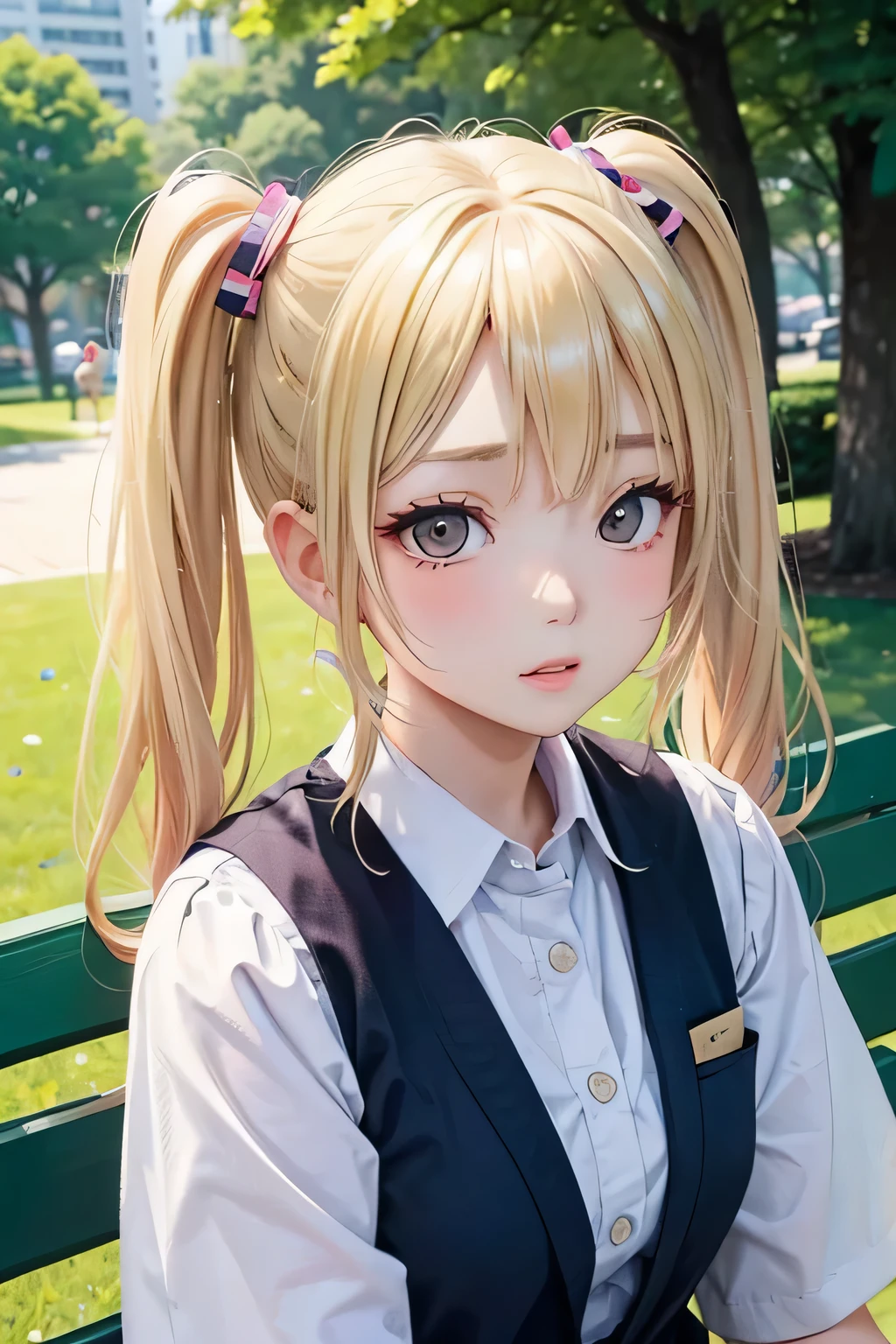 blonde、girl、twin tail hair、sit on a park bench、close up of face