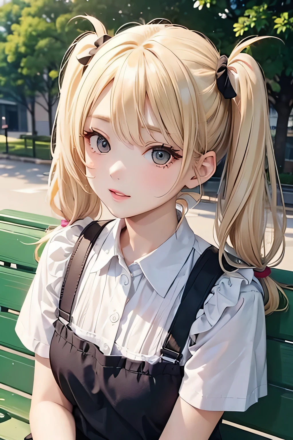 blonde、girl、twin tail hair、sit on a park bench、close up of face