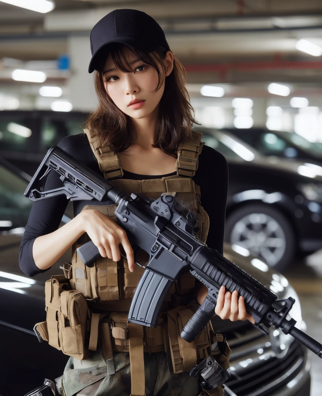 Japanese women in the US military、Holding an automatic rifle and looking nervous、bulletproof vest、Backpack、A detailed depiction of Hulk holding an automatic rifle in a post-apocalyptic setting. The focus should be on the realistic skin texture of Hulk, capturing every nuanced detail. The scene should be gritty, with debris and impurities scattered around. The colors should be vibrant, contrasting against the desolate backdrop. The lighting should be intense, casting dramatic shadows and highlights on Hulk and the surrounding environment. The image should be of the best quality, with high resolution and a photorealistic rendering.