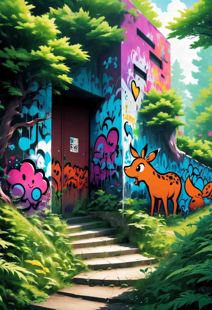 Graffiti漫画，Graffiti, wall, whole picture, High resolution and high contrast,simple,enchanted forest