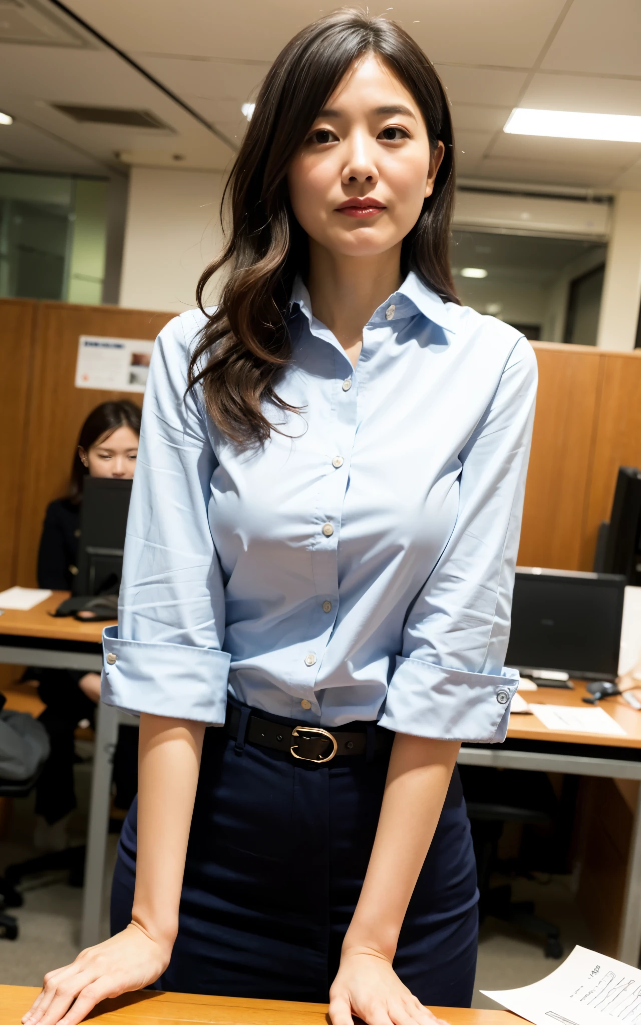 ((Best Quality, 8k, Masterpiece: 1.3)), ((face shot:0.5))Photorealistic, Sharp Focus, High Quality, High Definition, 1 Beautiful Japan Person, Business Suit, 43 Years Old, Plump, ((from below, from front)), (stand with open legs, look down at viewer), big breasts, 47 Years Old, Plump, Wavy Hair, unfocused office, ((Nobody)), ((Raise Stained Panty:1)),