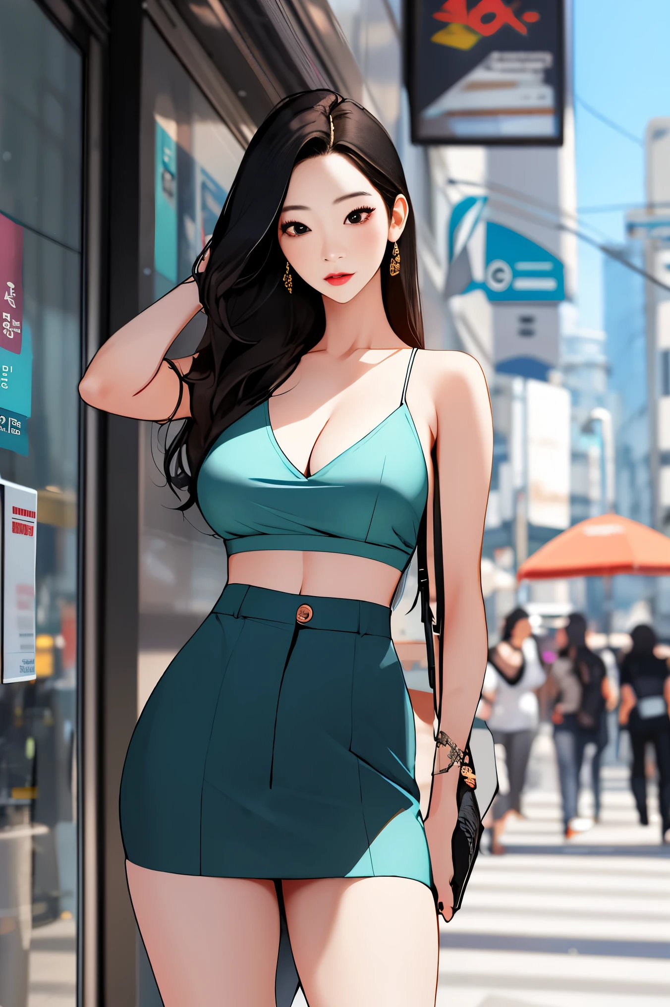 （Photo of a Beautiful Korean kpop idol Woman, Summer, Lustful , narrow hips, medium breast, manhwa girl, sexy