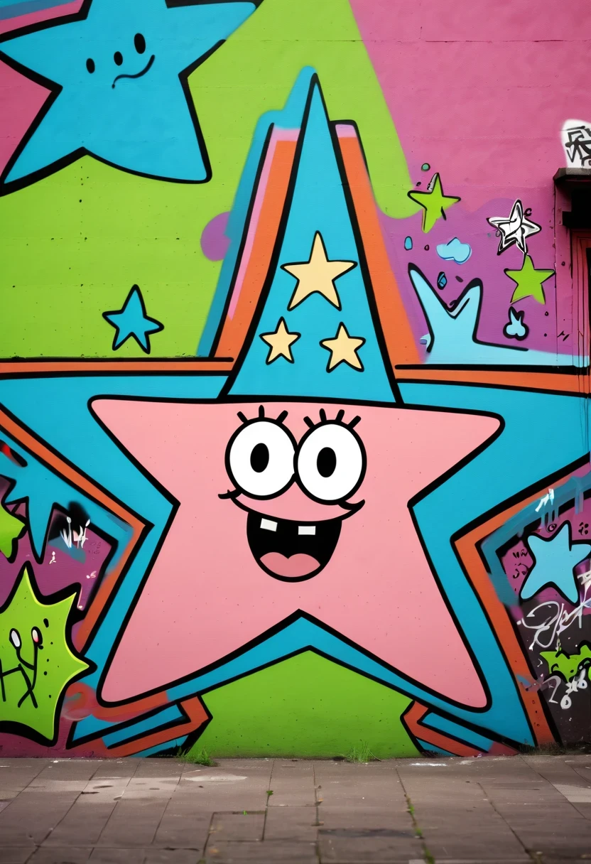 Graffiti漫画，Graffiti, wall, whole picture, High resolution and high contrast,simple,patrick star