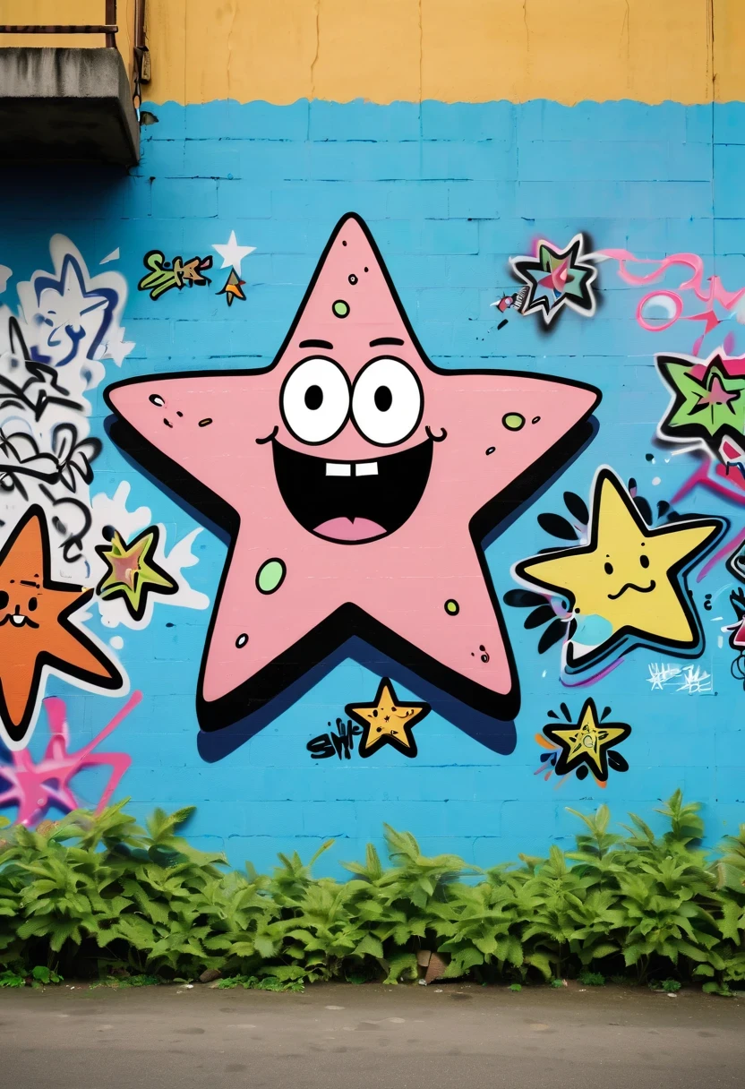 Graffiti漫画，Graffiti, wall, whole picture, High resolution and high contrast,simple,patrick star