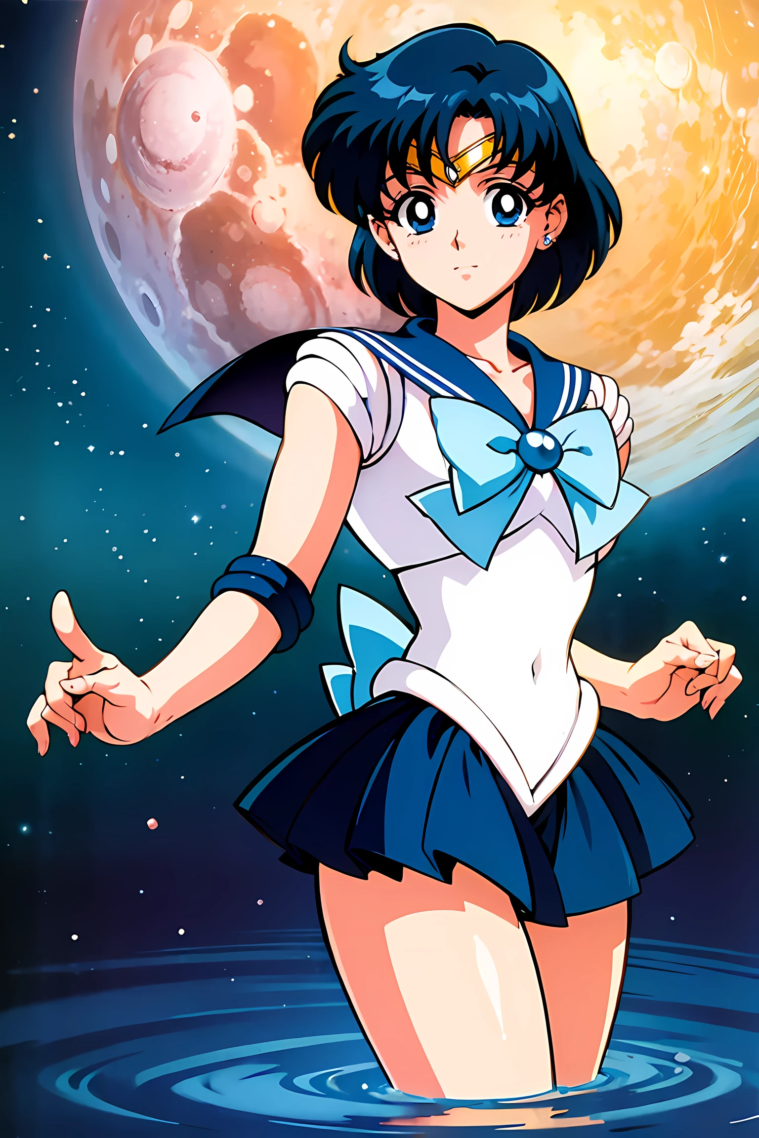 (highest quality:1.3), (masterpiece:1.4),(anatomically correct), (all limbs),(Refers to the whole),(precise fingertips), (small details),(8k),(About Photoreal:1.37),sailor moon!!!!!!!!, sailor moon Style,by sailor moon, sailor warrior uniform,(sailor mercury:1.52),aqua eye, dark green hair,(fighting pose:1.25),((magical dark forest :1.2)),at dusk, moon, ((Recommended for scenes with strong dark shadows:1.2)), golden flower ,beautiful magical style, water reflection,intense, concept art, digital painting,
