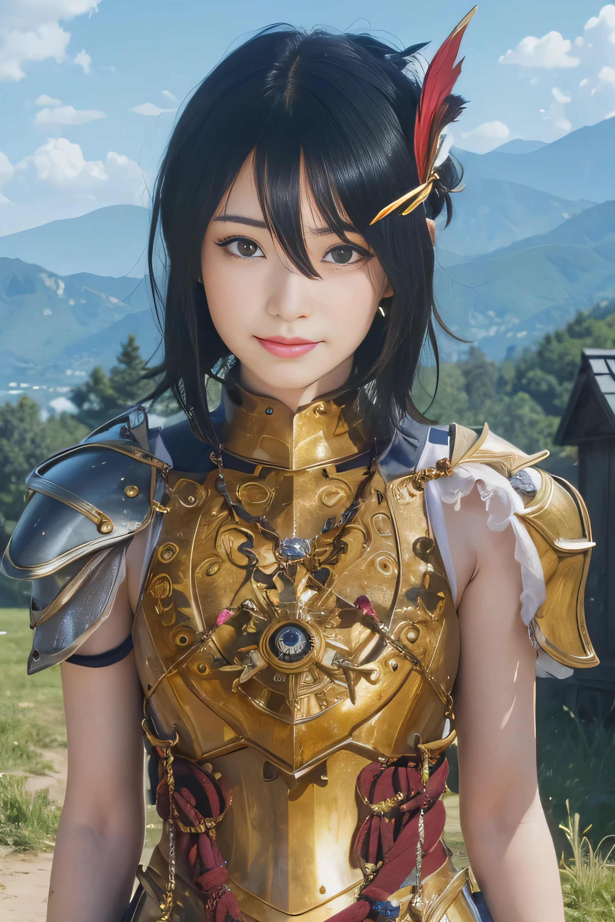 masterpiece, best quality, (realistic,photo-realistic:1.4), (RAW photo:1.2), extremely detailed CG unity 8k wallpaper, delicate and beautiful, amazing,finely detail, official art, absurdres, incredibly absurdres, huge filesize, ultra-detailed,extremely detailed eyes and face,light on face,(little smile),(navy hair:1.4),(wearing golden armor:1.4),mountain,brown belts,short hair,(hair ornaments:1.4),sarada