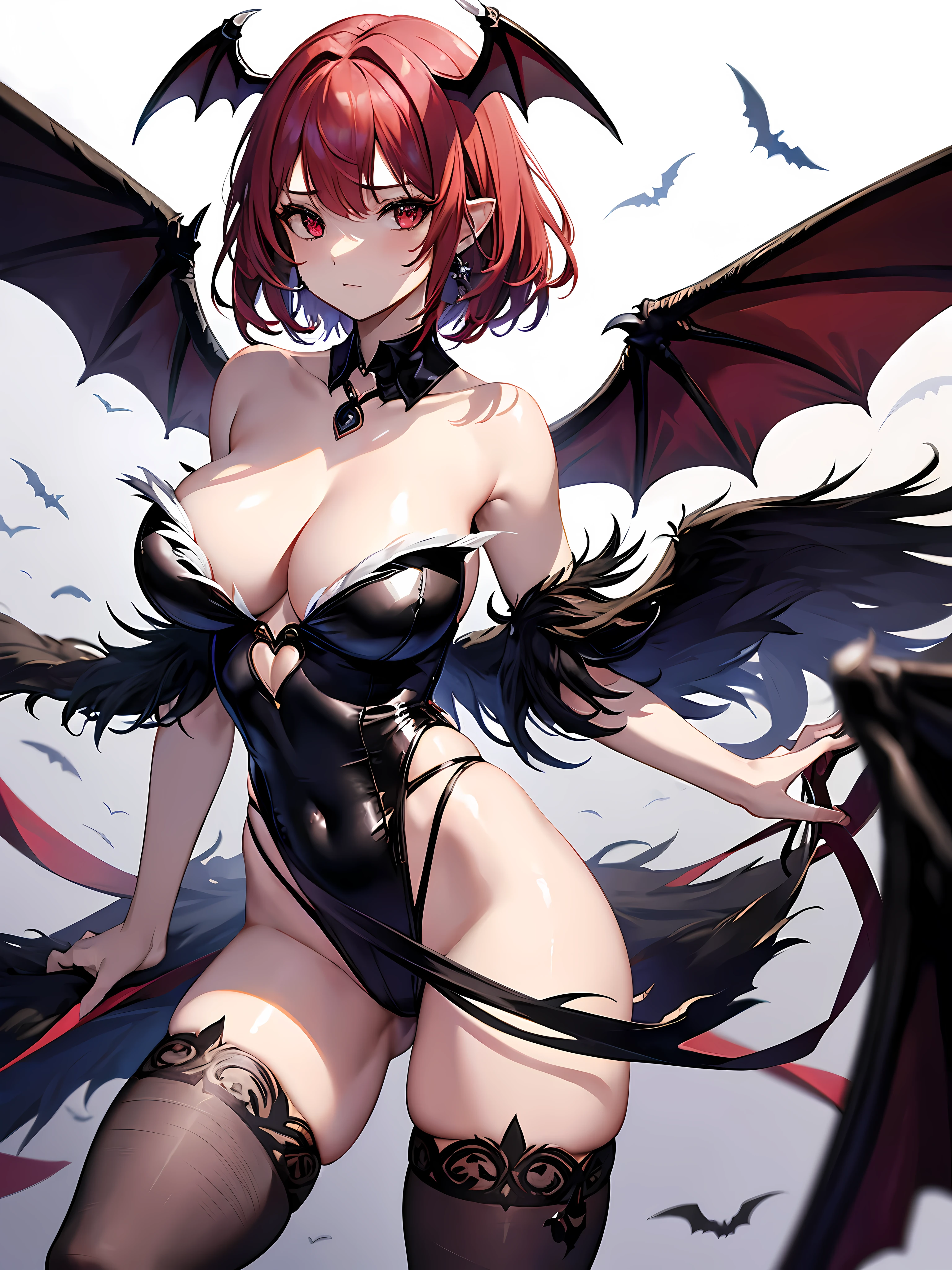 1 woman,  chest, chest 보석, head wing, (alone), large chest, red hair, Morrigan Ansland, wing, Animal Print, bat print, Short hair, red eyes, Printed legwear, swept forehead, leotard, bat wing, split, forehead, tiara, bare hands, bare shoulders, black leotard, looking at viewer, simple background ,sexy , (gatherbelt), stockings, 1 woman