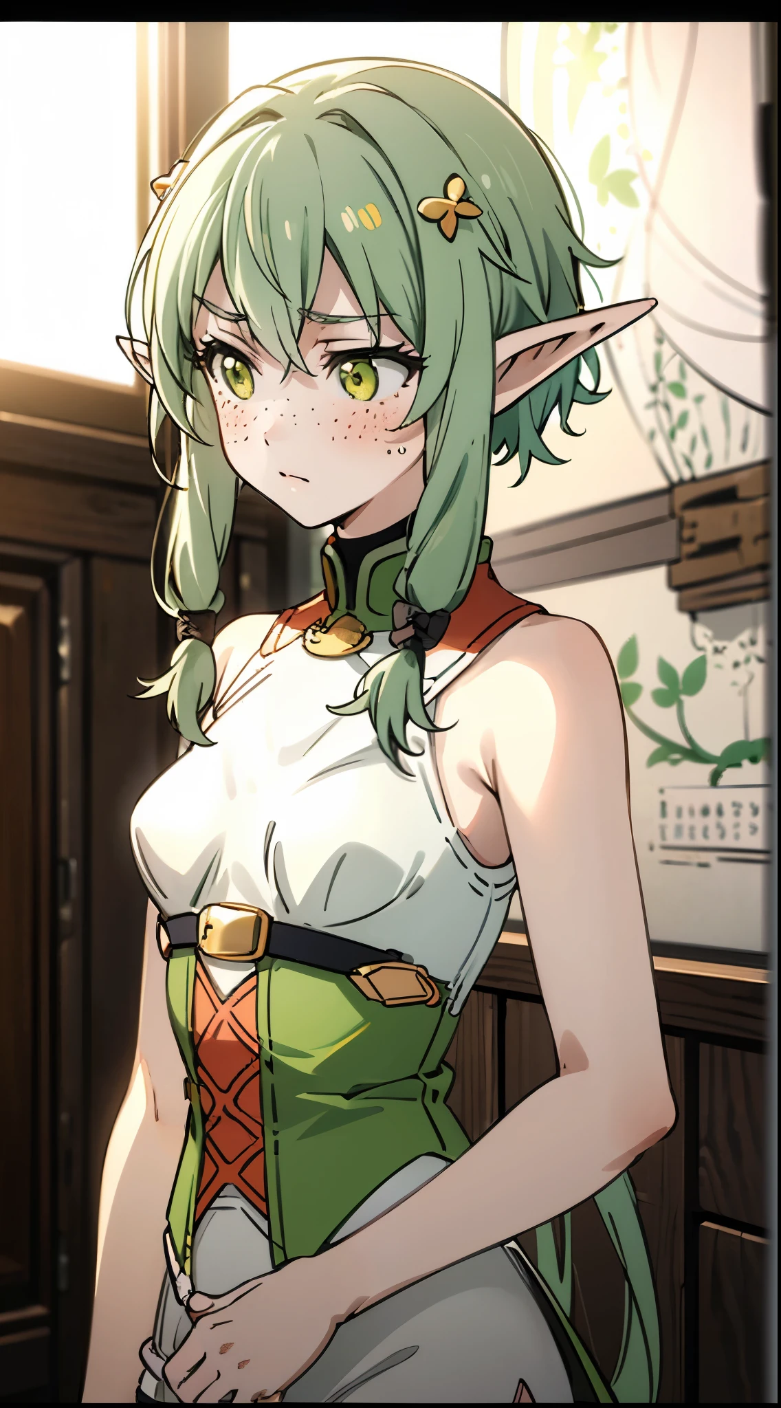 (detailed face, detailed eyes, clear skin, clear eyes), lotr, fantasy, elf, female, full body, looking at viewer, portrait, photography, detailed skin, realistic, highly detailed, full length frame, High detail RAW color art, , plants, forest, shallow depth of field, sharp focus, mystical, cinematic lighting, elf ear, solo, 1girl, 