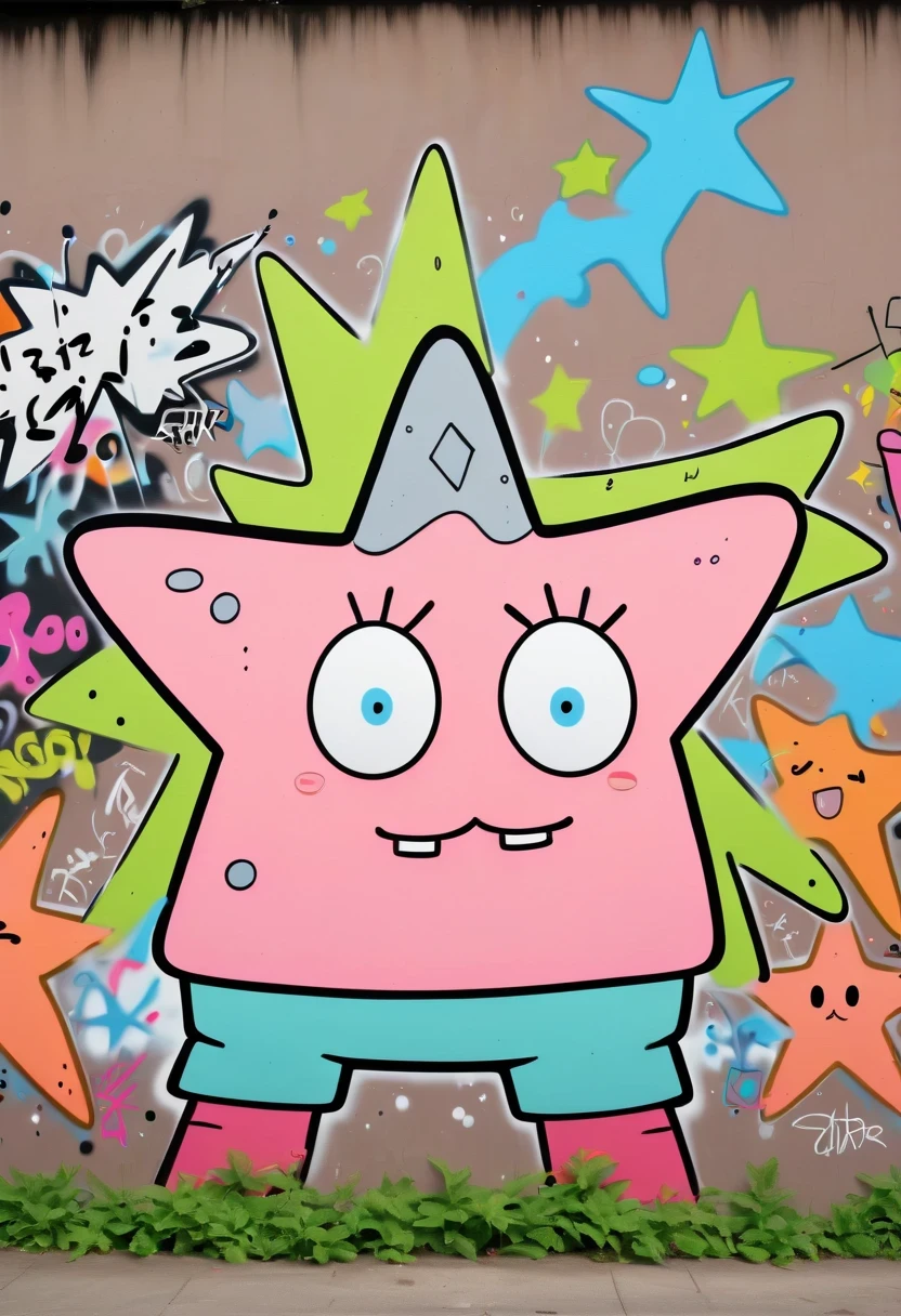 Graffiti漫画，Graffiti, wall, whole picture, High resolution and high contrast,simple,patrick star