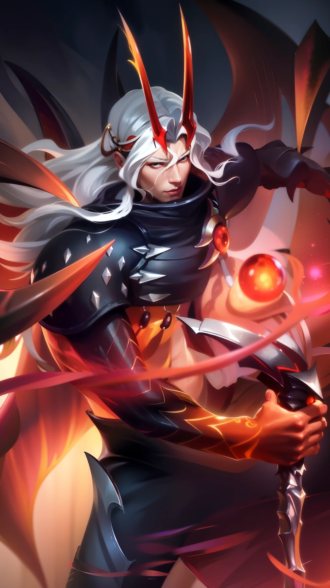 Best quality, masterpiece, detailed skin texture, detailed clothes texture, detailed face, super detail, 8k, intricate detail, 1 boy, The color doesn't change, Muscle guy, 1 guy character with a sword and a demon like face, onmyoji detailed art, onmyoji, heise jinyao, g liulian art style, onmyoji portrait, sylas, official splash art, by Yang J, splash art, rossdraws sakimimichan, amazing portrait of viego, by Zahari Zograf.